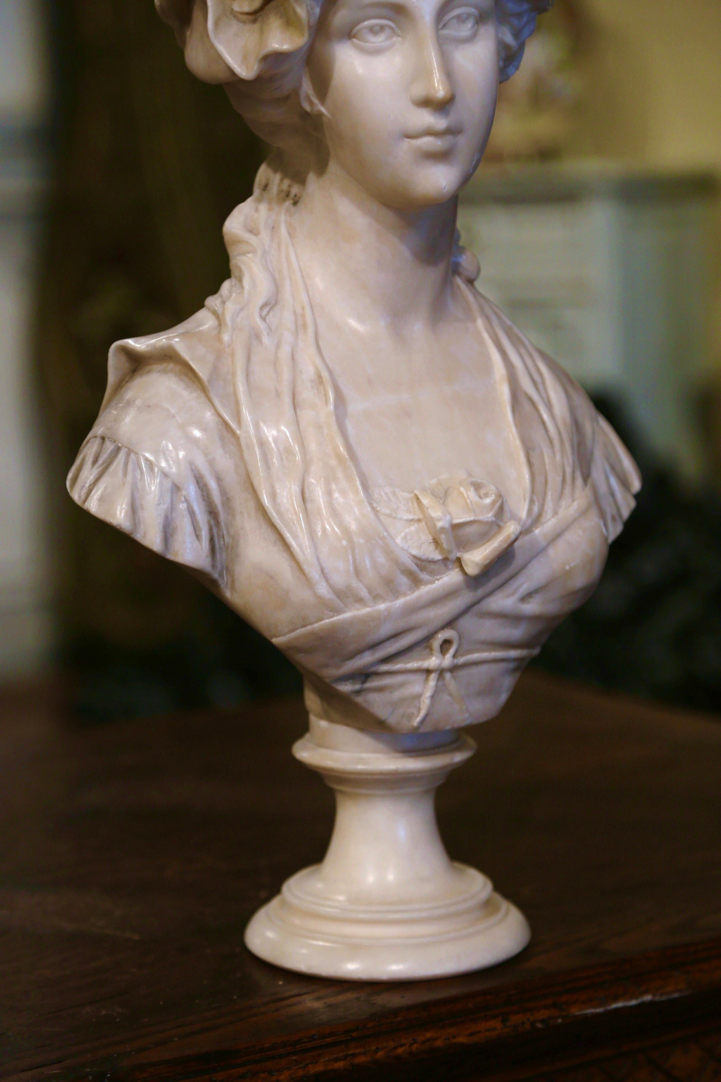 Patinated 19th Century Italian Carved Marble Lady Bust on Swivel Socle, Signed Bulli