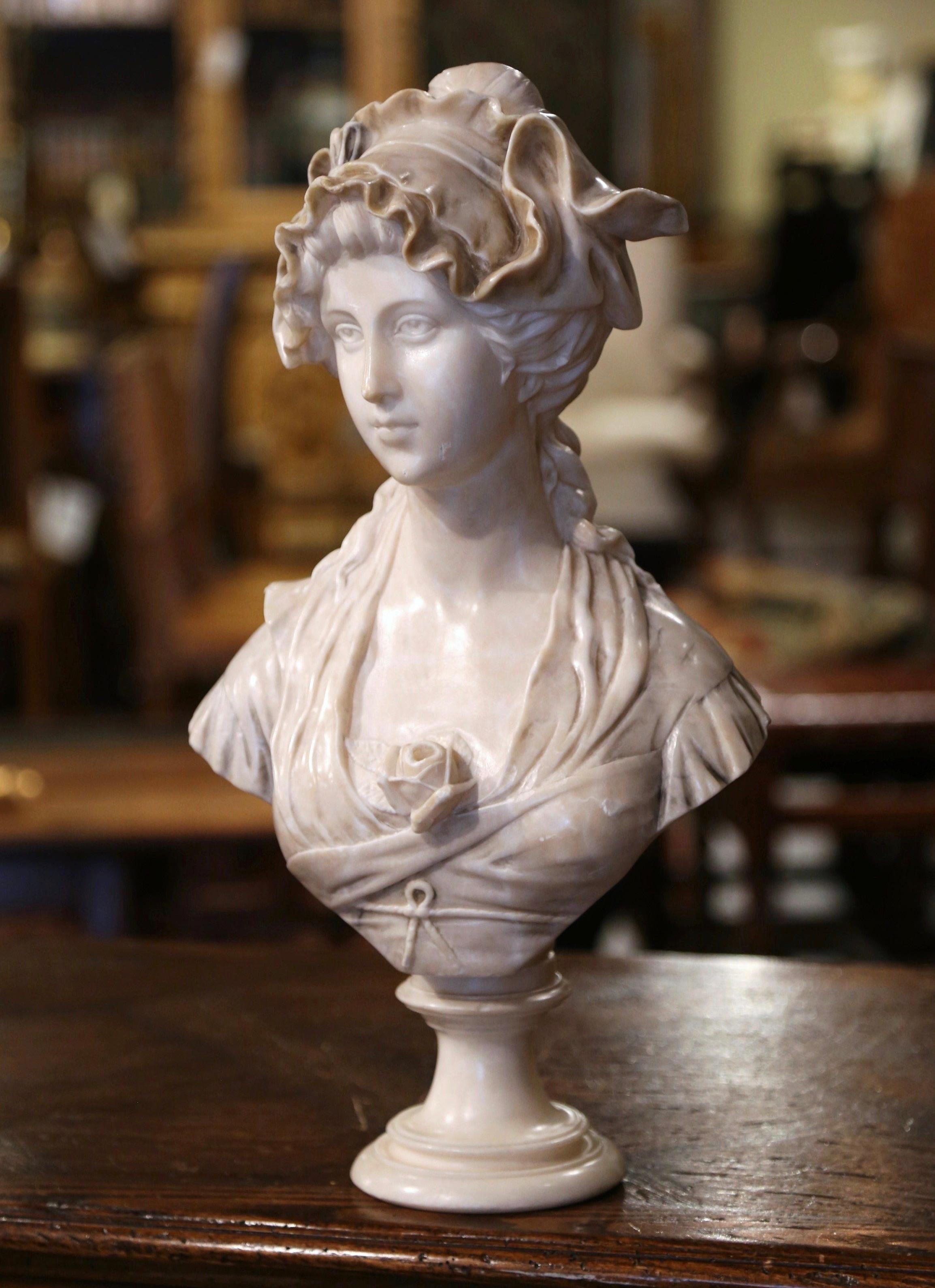 19th Century Italian Carved Marble Lady Bust on Swivel Socle, Signed Bulli In Good Condition In Dallas, TX