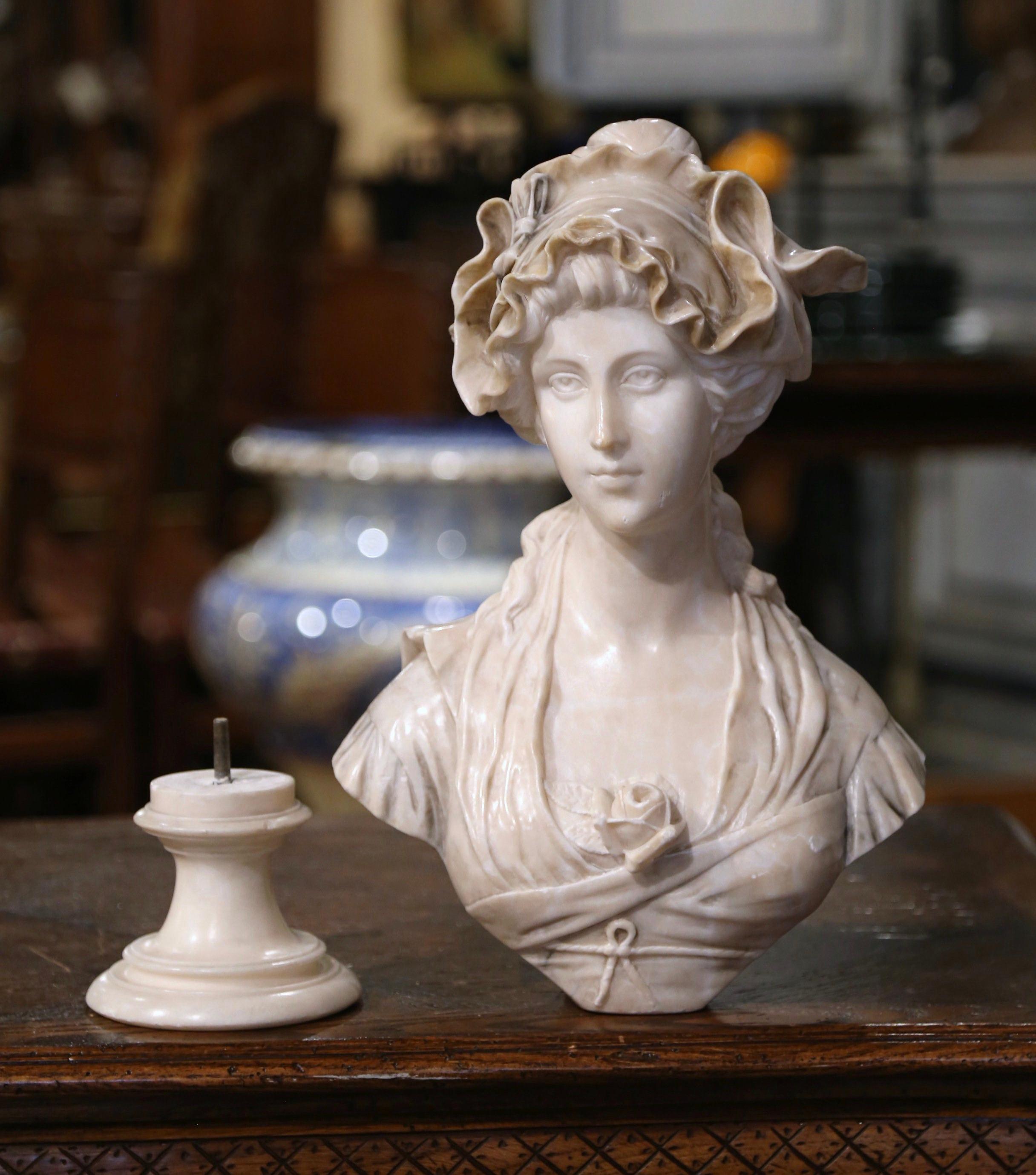 19th Century Italian Carved Marble Lady Bust on Swivel Socle, Signed Bulli 1