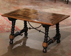 19th Century Italian Carved Marquetry Walnut Coffee Table with Iron Stretcher