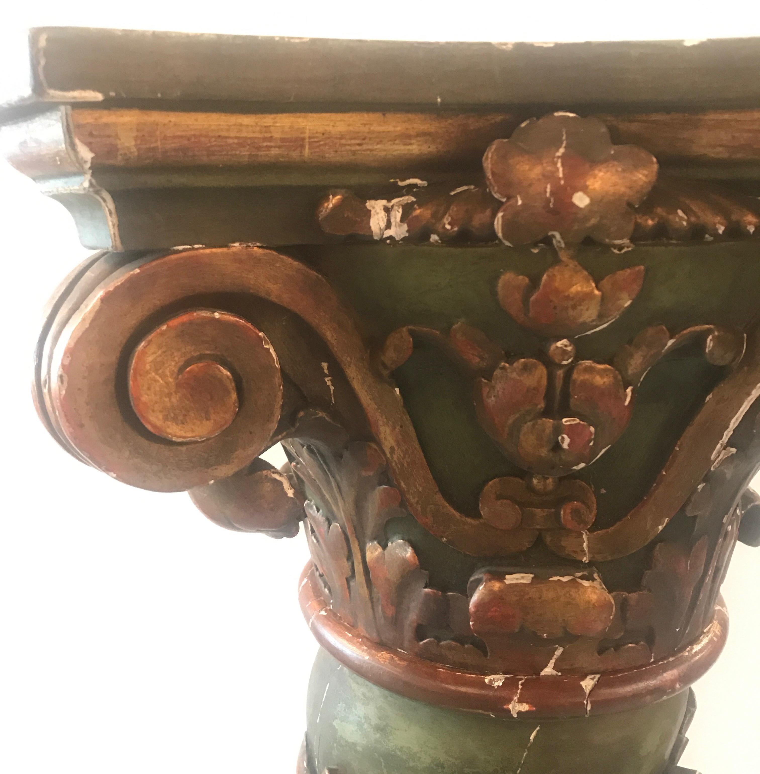 Hand-Carved 19th Century Italian Carved Oak Painted Pedestal Column