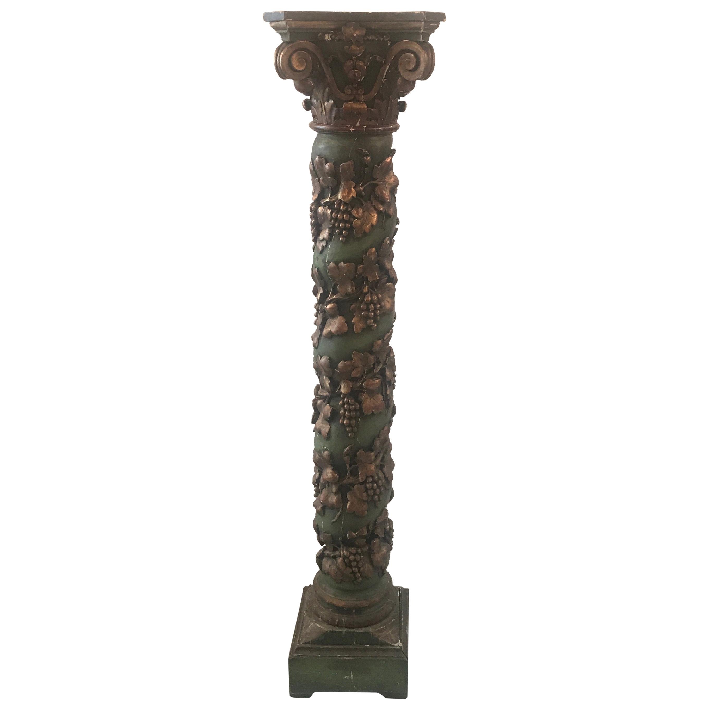 19th Century Italian Carved Oak Painted Pedestal Column