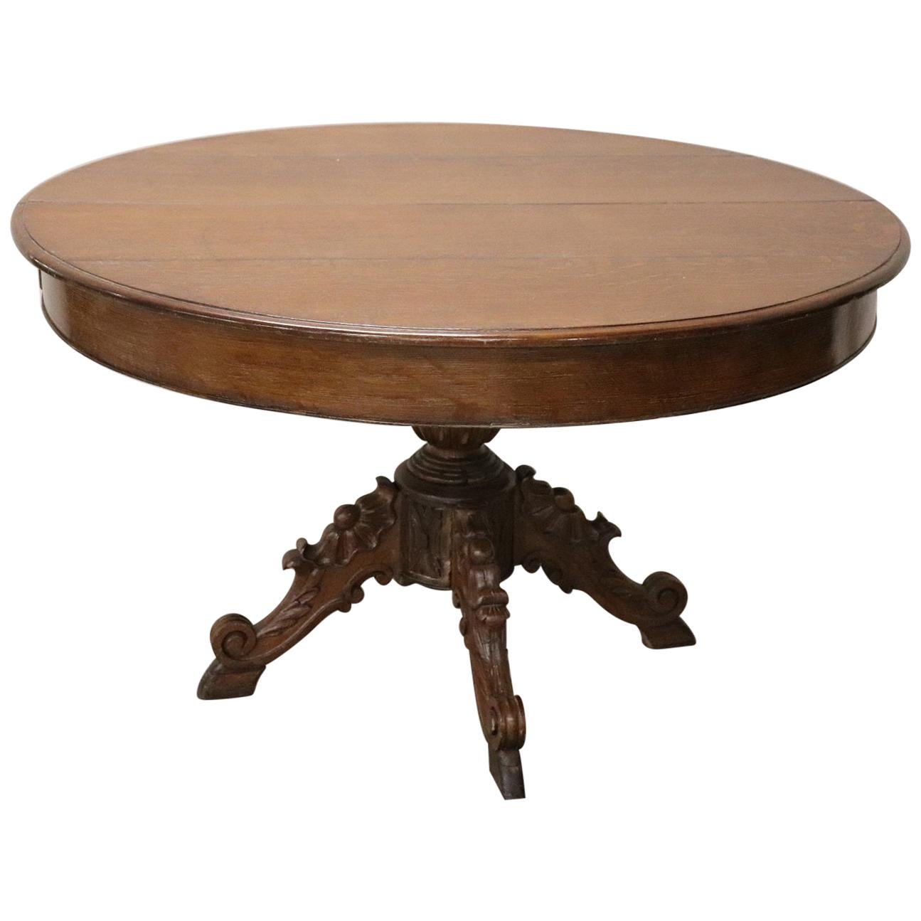 19th Century Italian Carved Oak Round Extendable Antique Dining Room Table