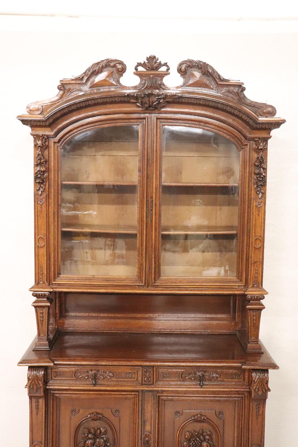 Hand-Carved 19th Century Italian Carved Oak Wood Majestic Antique Sideboard, 1850s For Sale