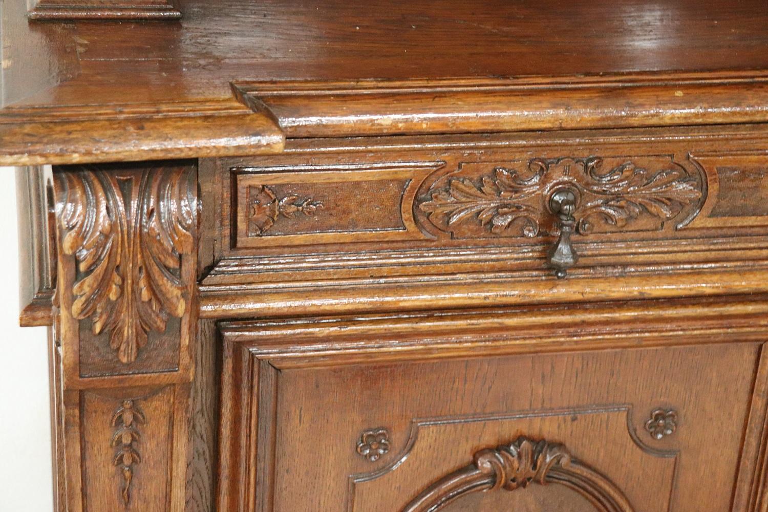 Mid-19th Century 19th Century Italian Carved Oak Wood Majestic Antique Sideboard, 1850s For Sale