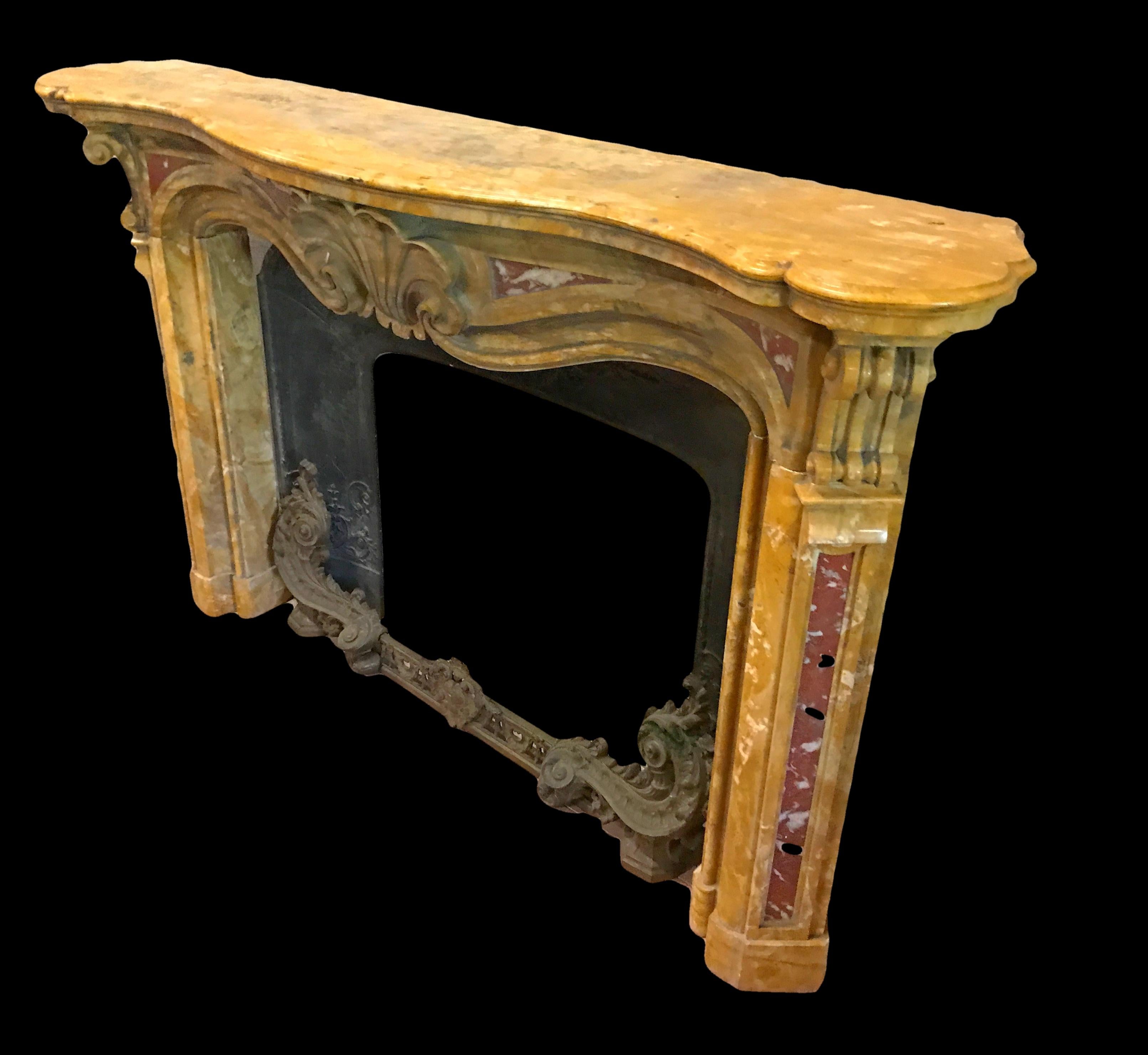 Louis XIV 19th Century, Italian Carved Old Yellow Marble Fireplace