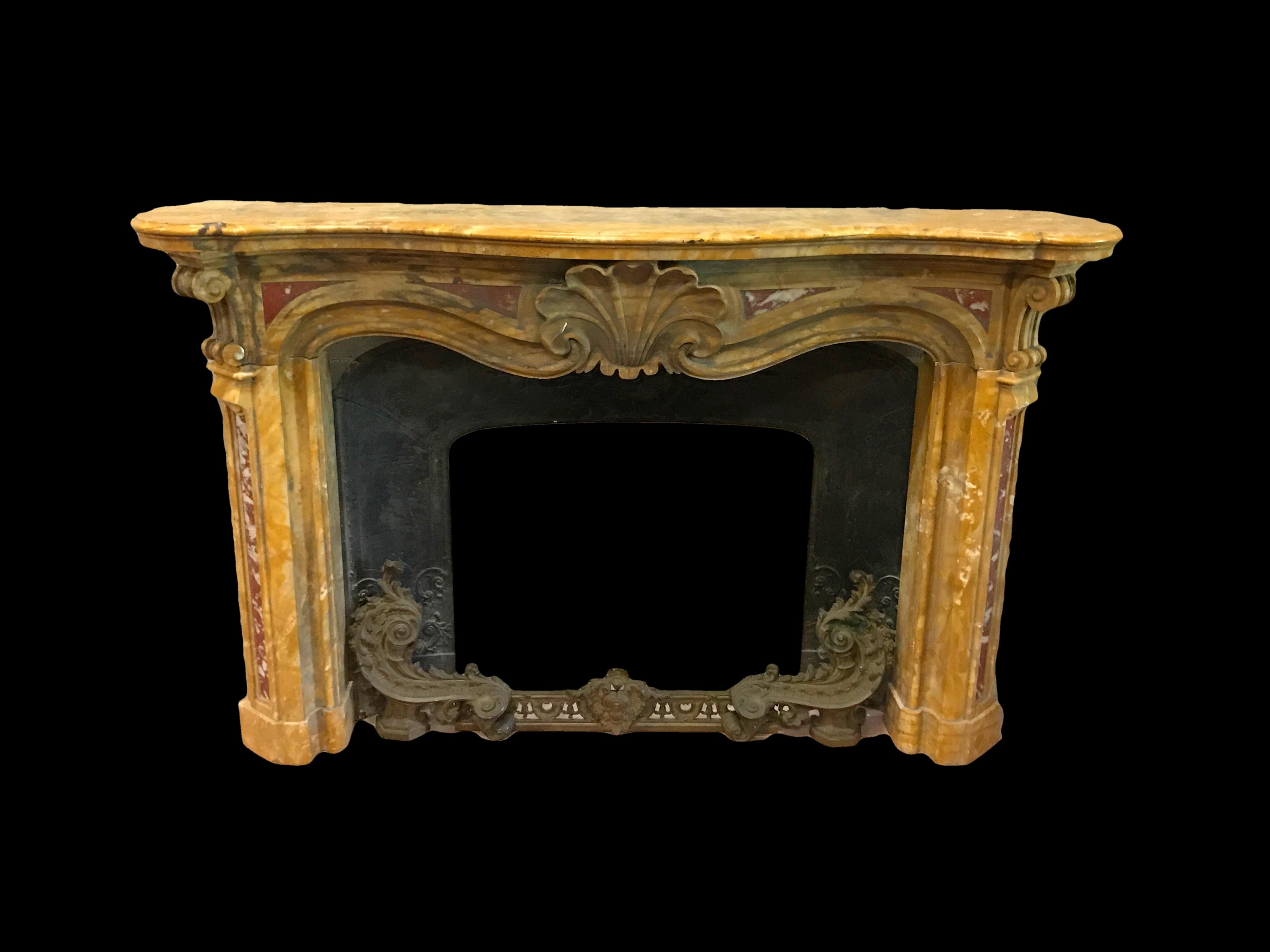 19th Century, Italian Carved Old Yellow Marble Fireplace 1