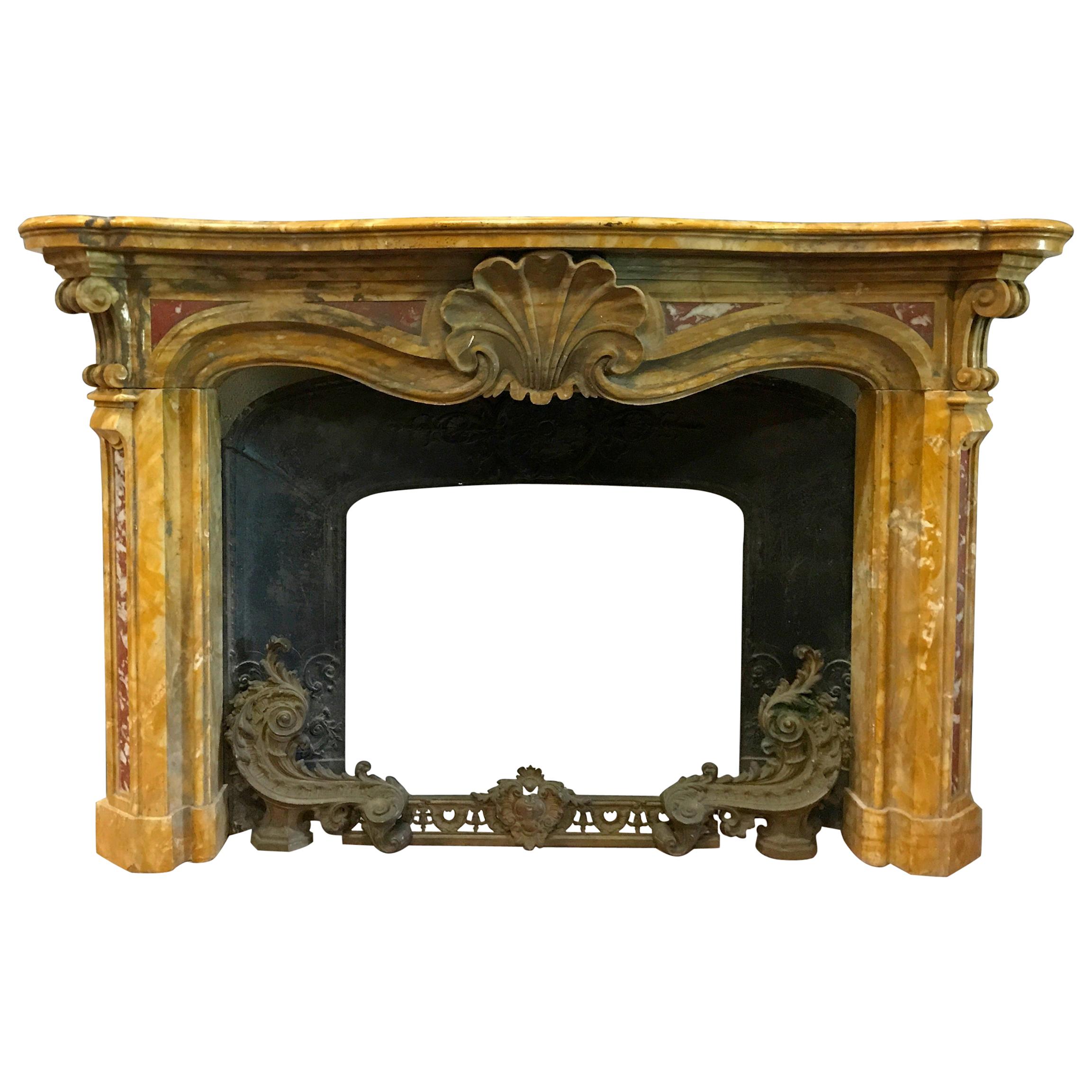19th Century, Italian Carved Old Yellow Marble Fireplace