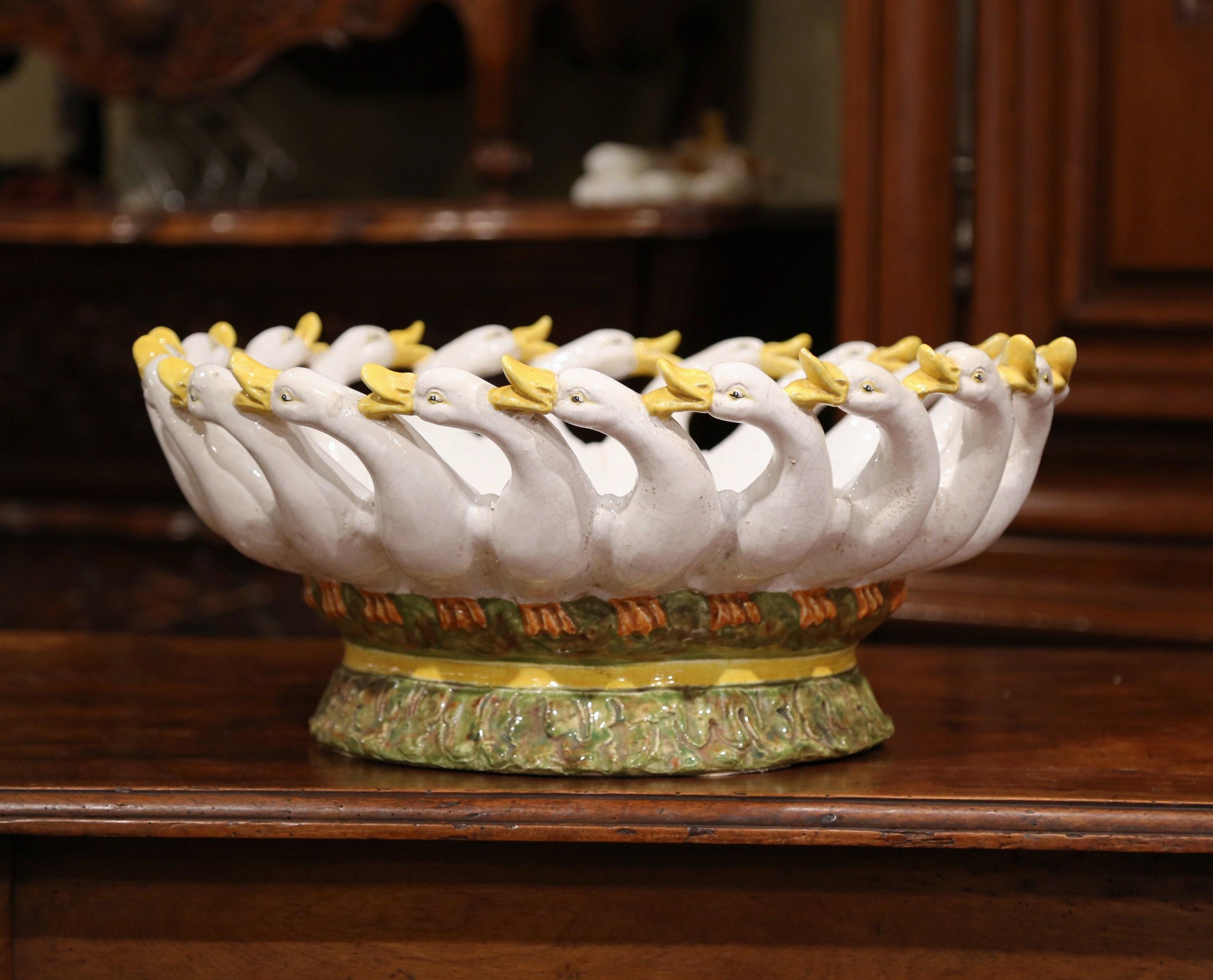 Hand-Crafted 19th Century Italian Carved Painted Ceramic Bowl Center Piece with Goose Decor