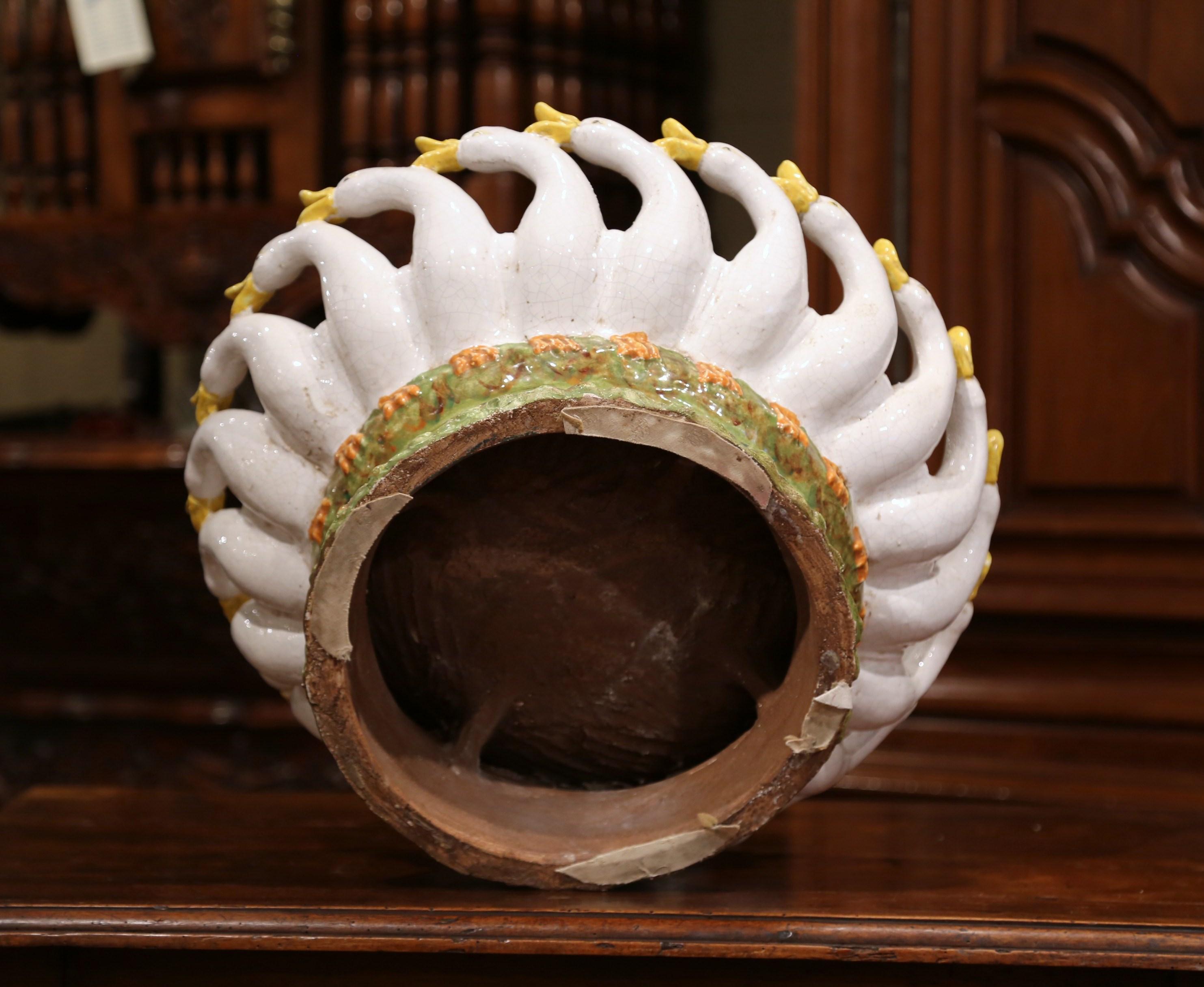 19th Century Italian Carved Painted Ceramic Bowl Center Piece with Goose Decor In Excellent Condition In Dallas, TX