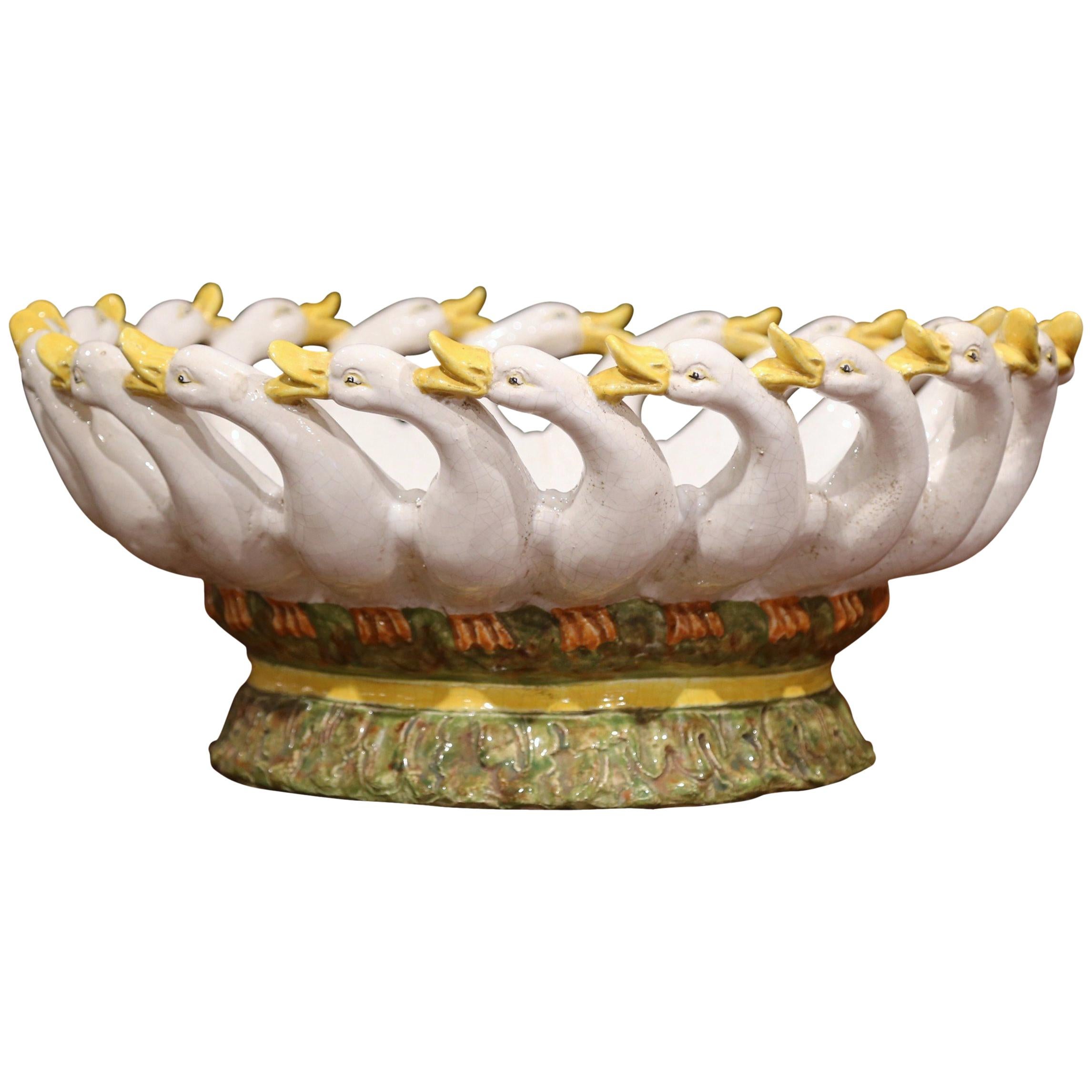 19th Century Italian Carved Painted Ceramic Bowl Center Piece with Goose Decor
