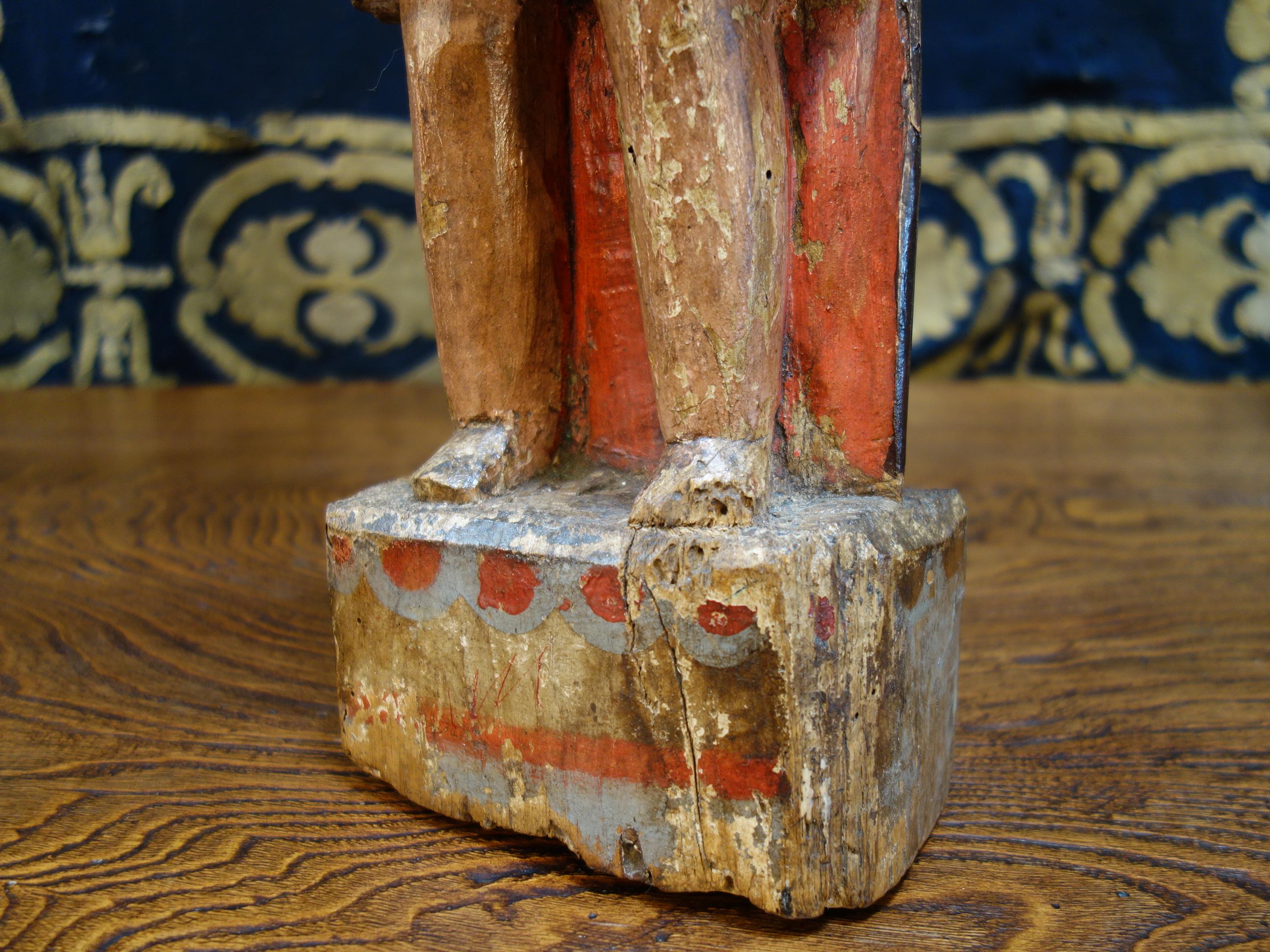 19th Century Italian Carved & Painted Primitive Male Santos Wood Sculpture For Sale 8