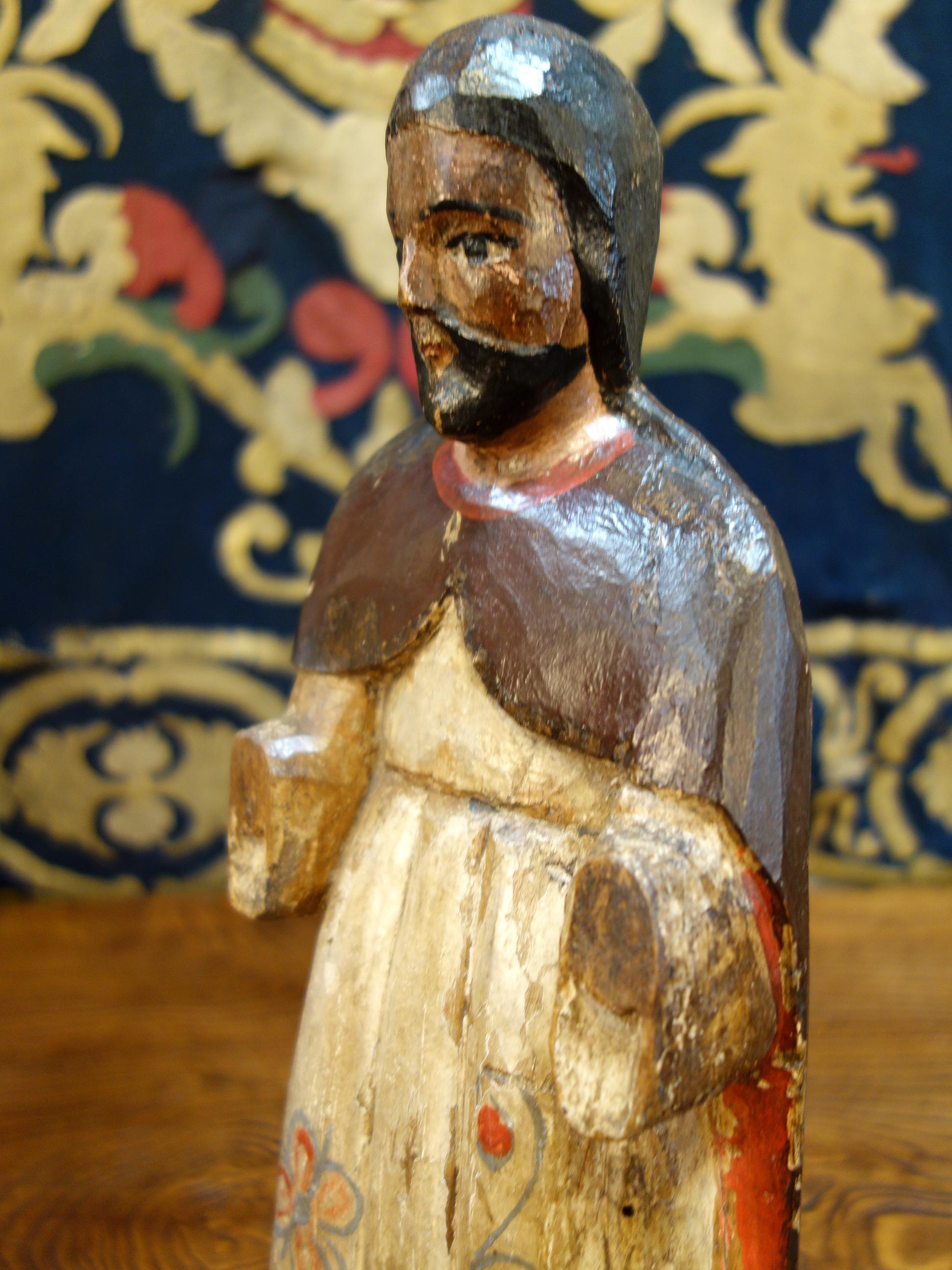 19th Century Italian Carved & Painted Primitive Male Santos Wood Sculpture For Sale 9