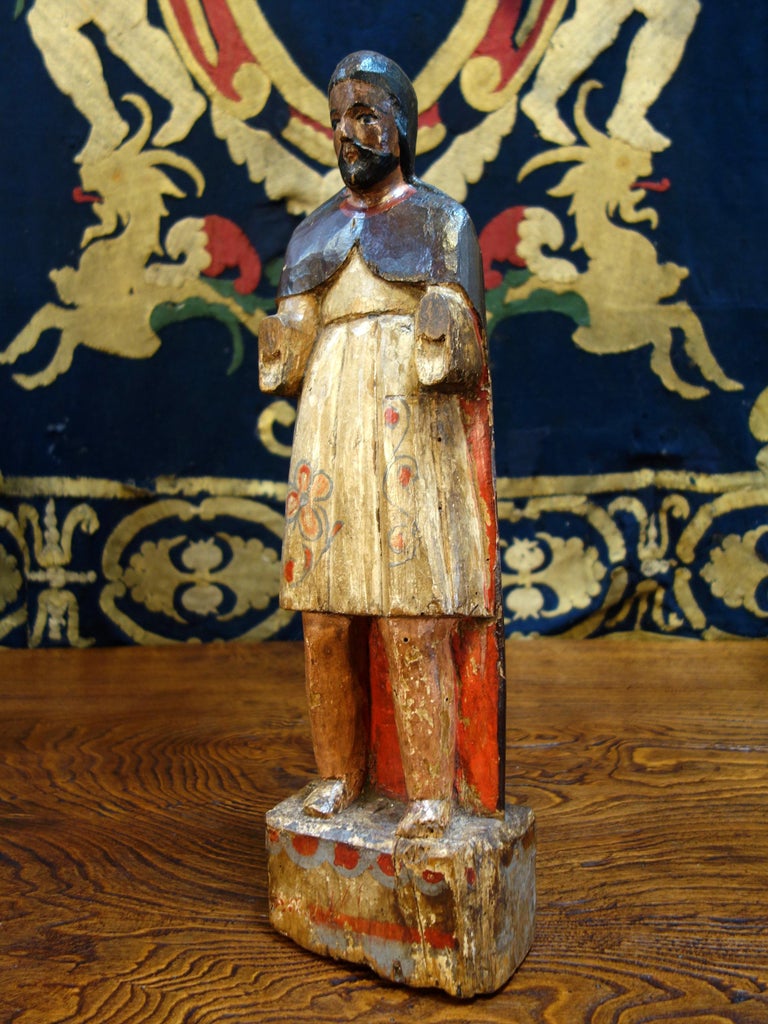 19th Century Italian Carved and Painted Primitive Male Santos Wood ...