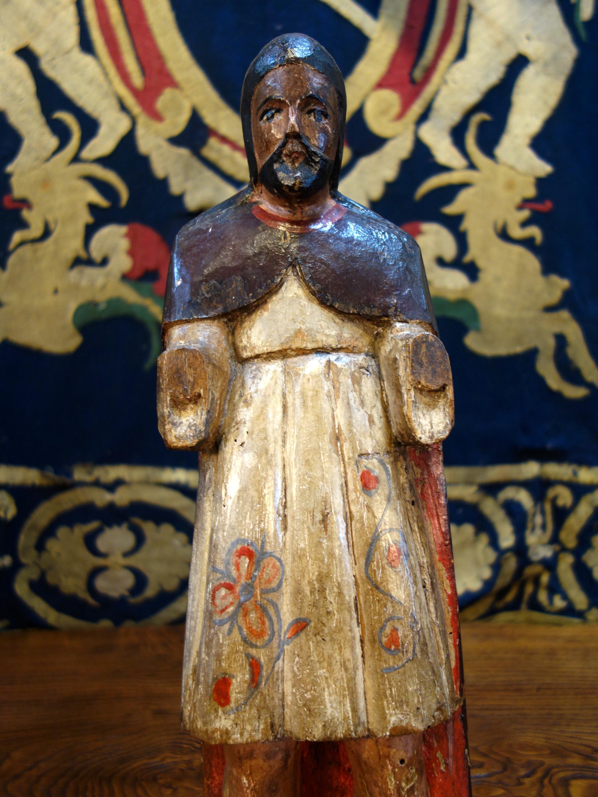 19th Century Italian Carved & Painted Primitive Male Santos Wood Sculpture In Good Condition For Sale In Encinitas, CA