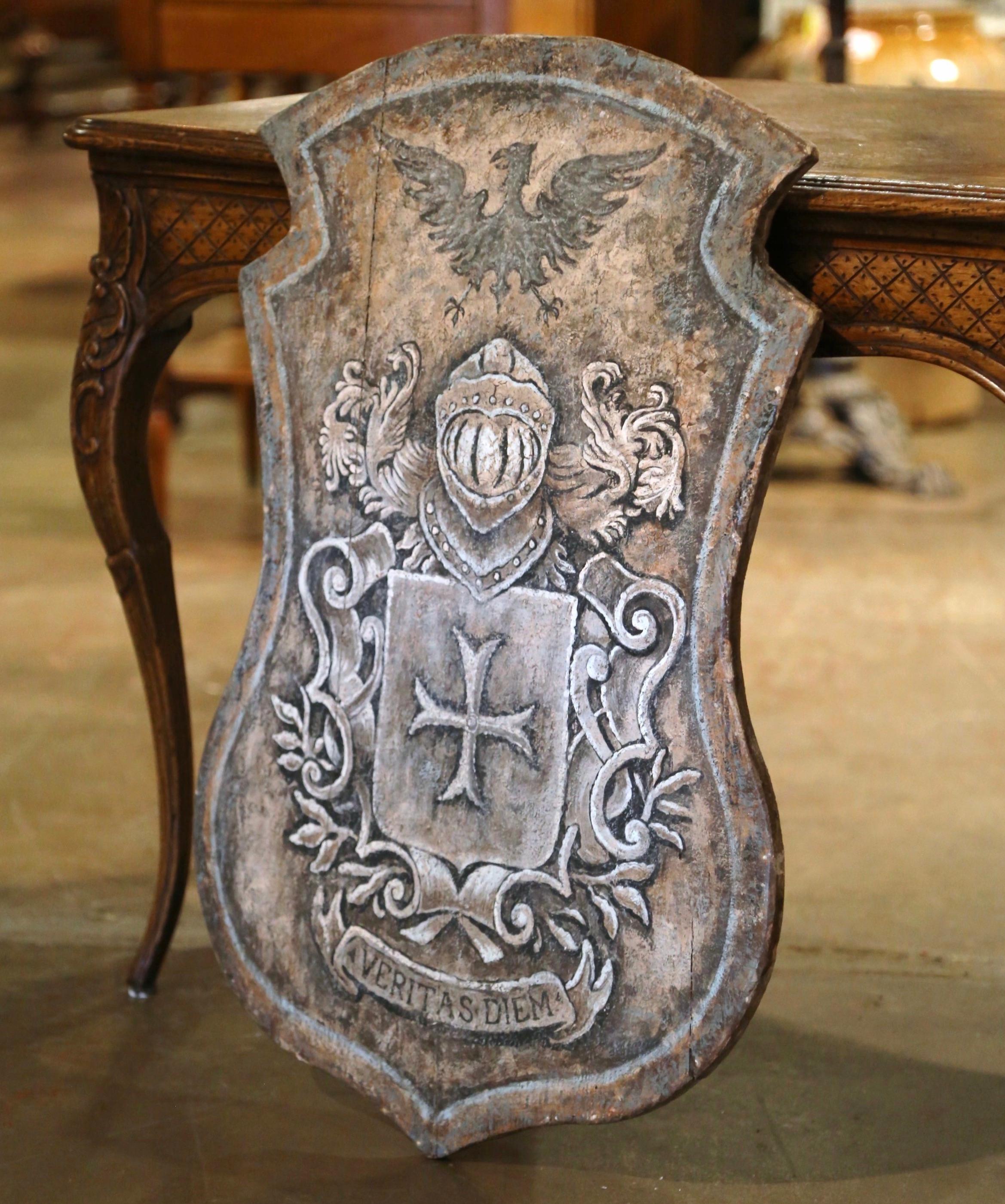 Medieval 19th Century Italian Carved Painted Wall Hanging Shield with Family Crest
