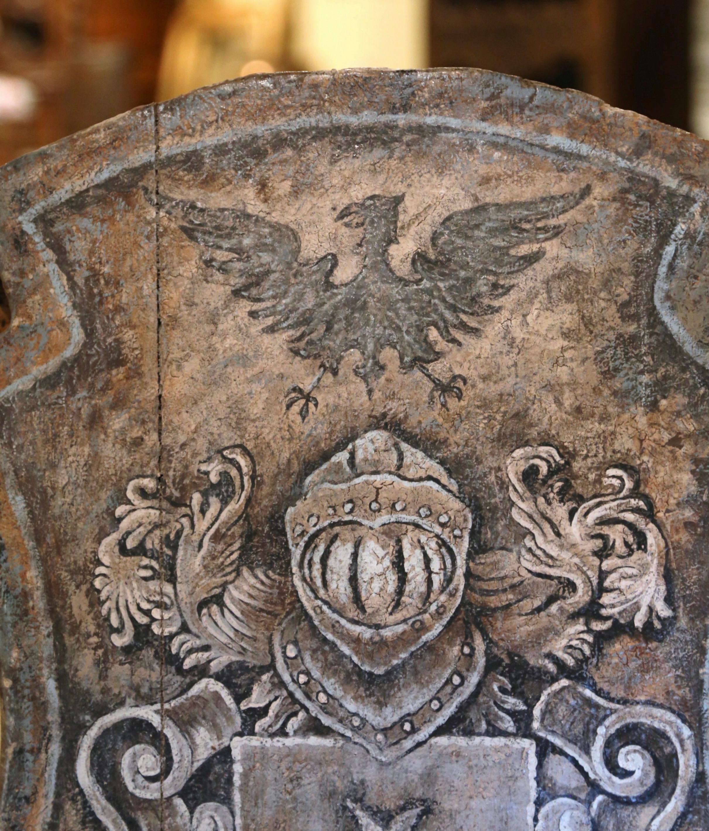 Wood 19th Century Italian Carved Painted Wall Hanging Shield with Family Crest