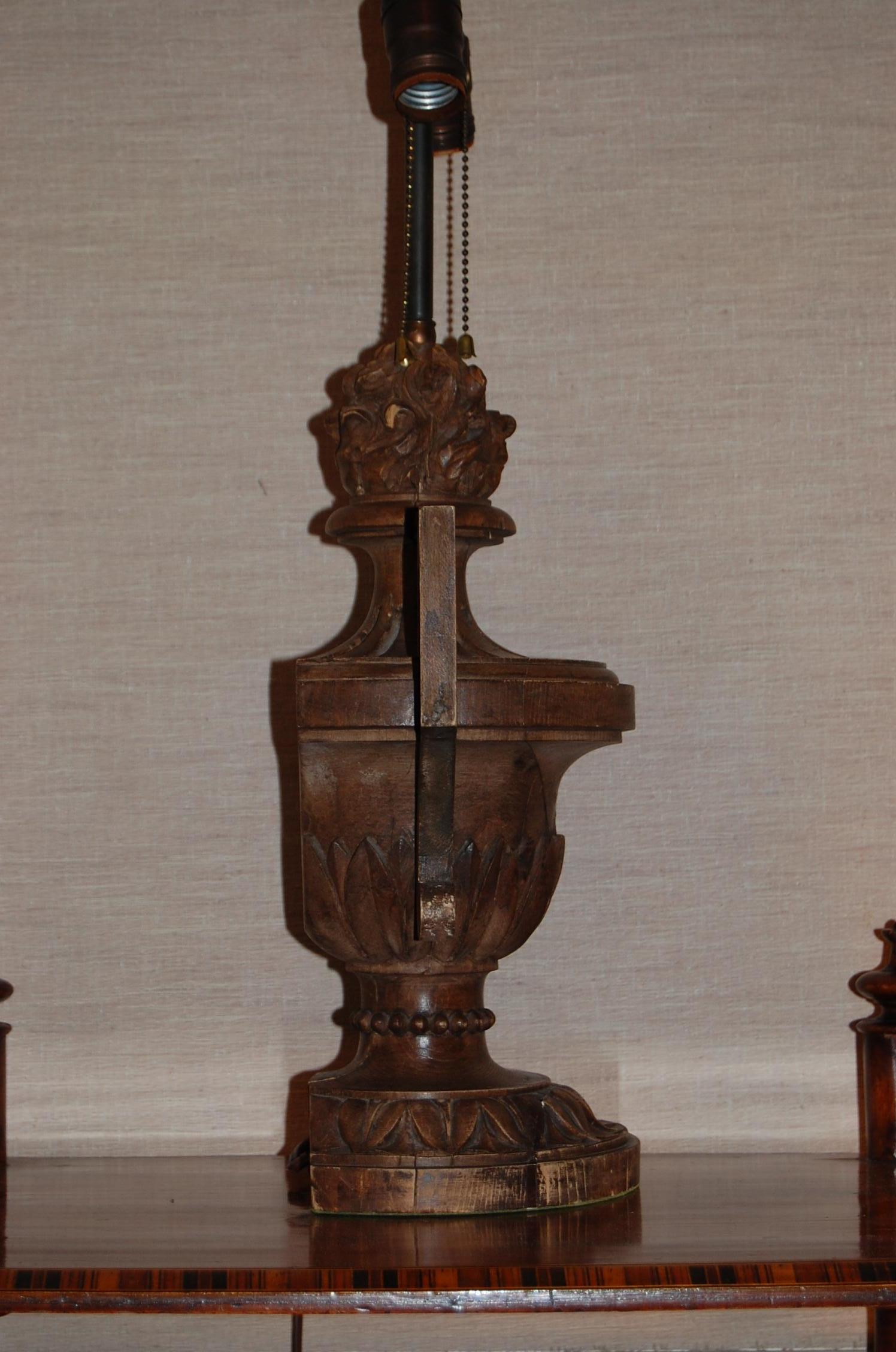 Victorian 19th Century Italian Carved Pine Finial Wired as a Table Lamp For Sale