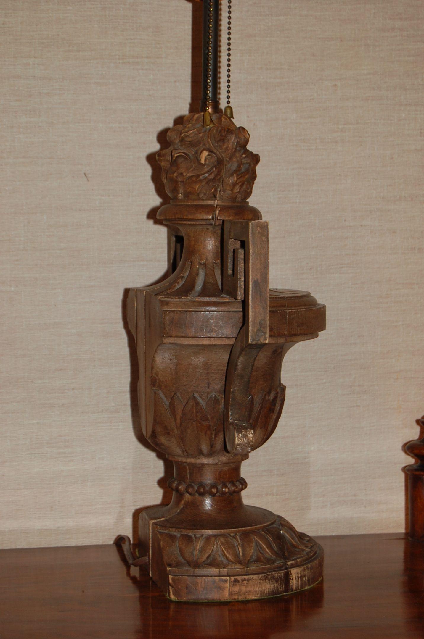 Hand-Carved 19th Century Italian Carved Pine Finial Wired as a Table Lamp For Sale