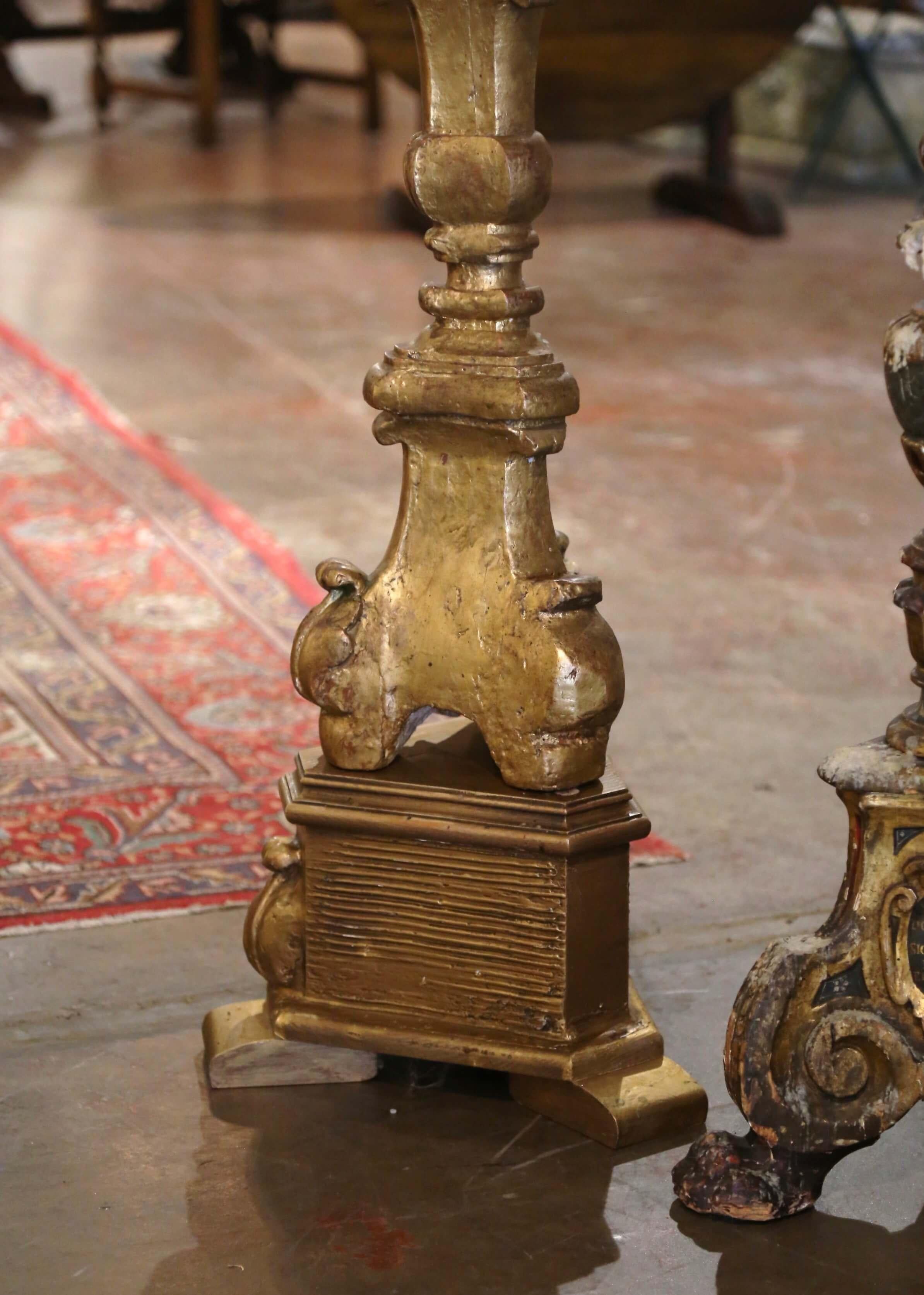 Louis XV 19th Century Italian Carved Polychrome and Painted Candlesticks, Set of Four For Sale