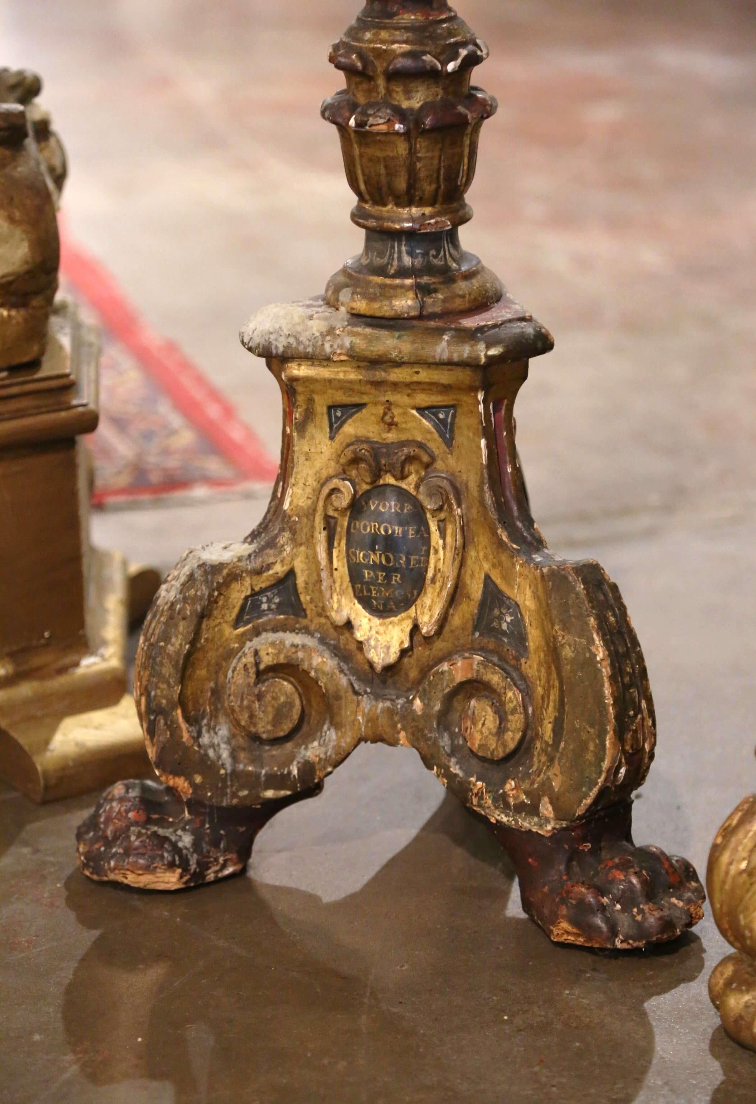 Hand-Carved 19th Century Italian Carved Polychrome and Painted Candlesticks, Set of Four For Sale