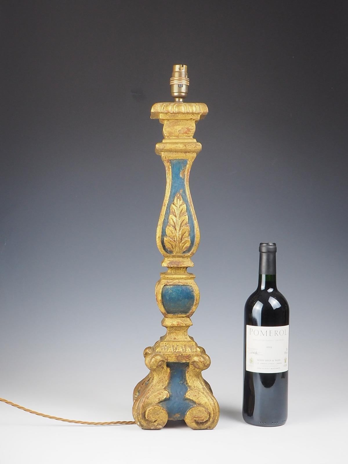 Baroque 19th Century Italian Carved Polychrome Blue and Giltwood Table Lamp