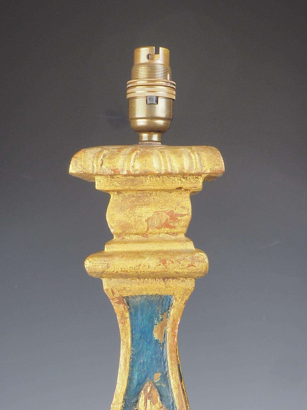 Polychromed 19th Century Italian Carved Polychrome Blue and Giltwood Table Lamp