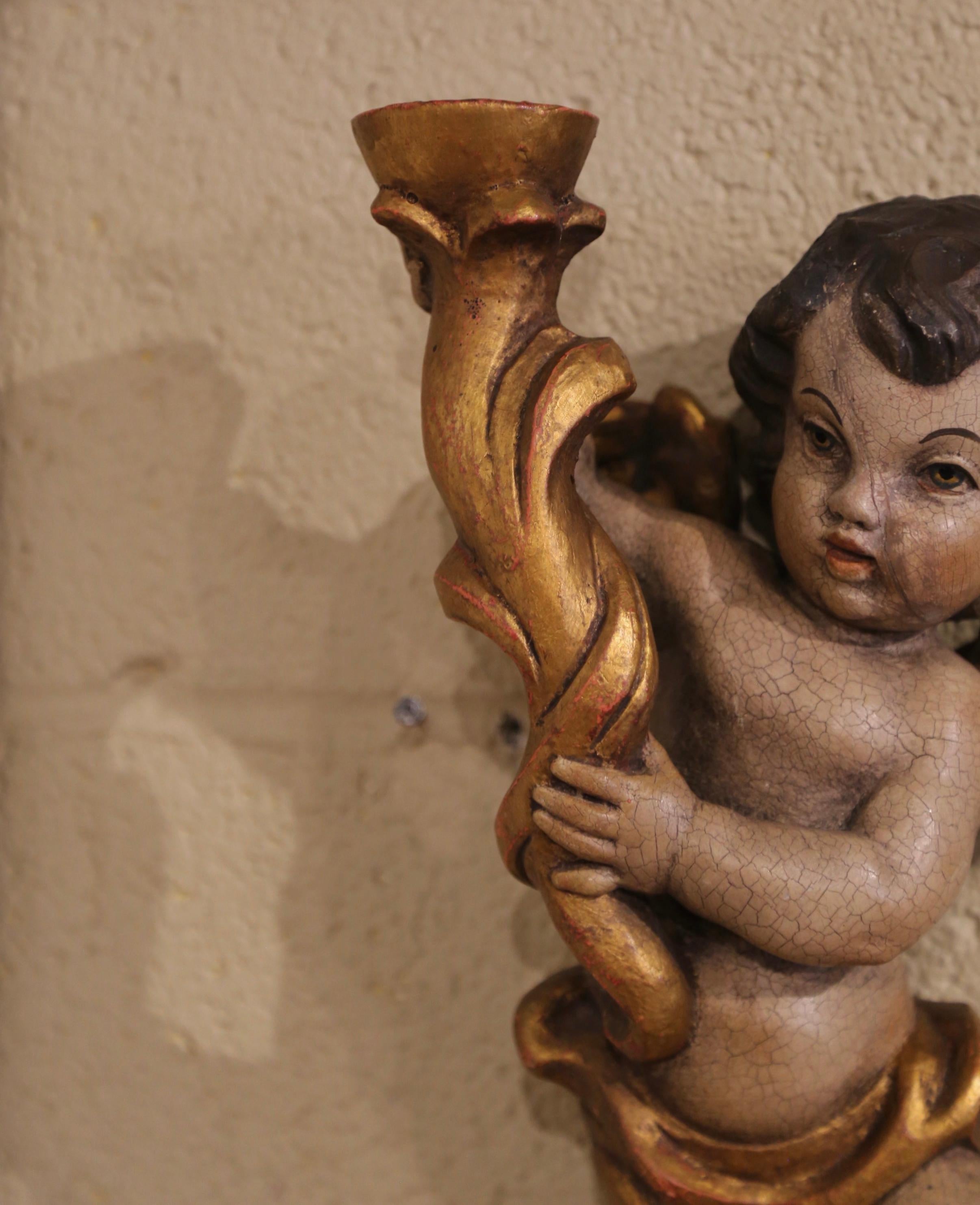 Hand-Carved  19th Century Italian Carved Polychrome & Gilt Wall Cherub Candle Holder For Sale
