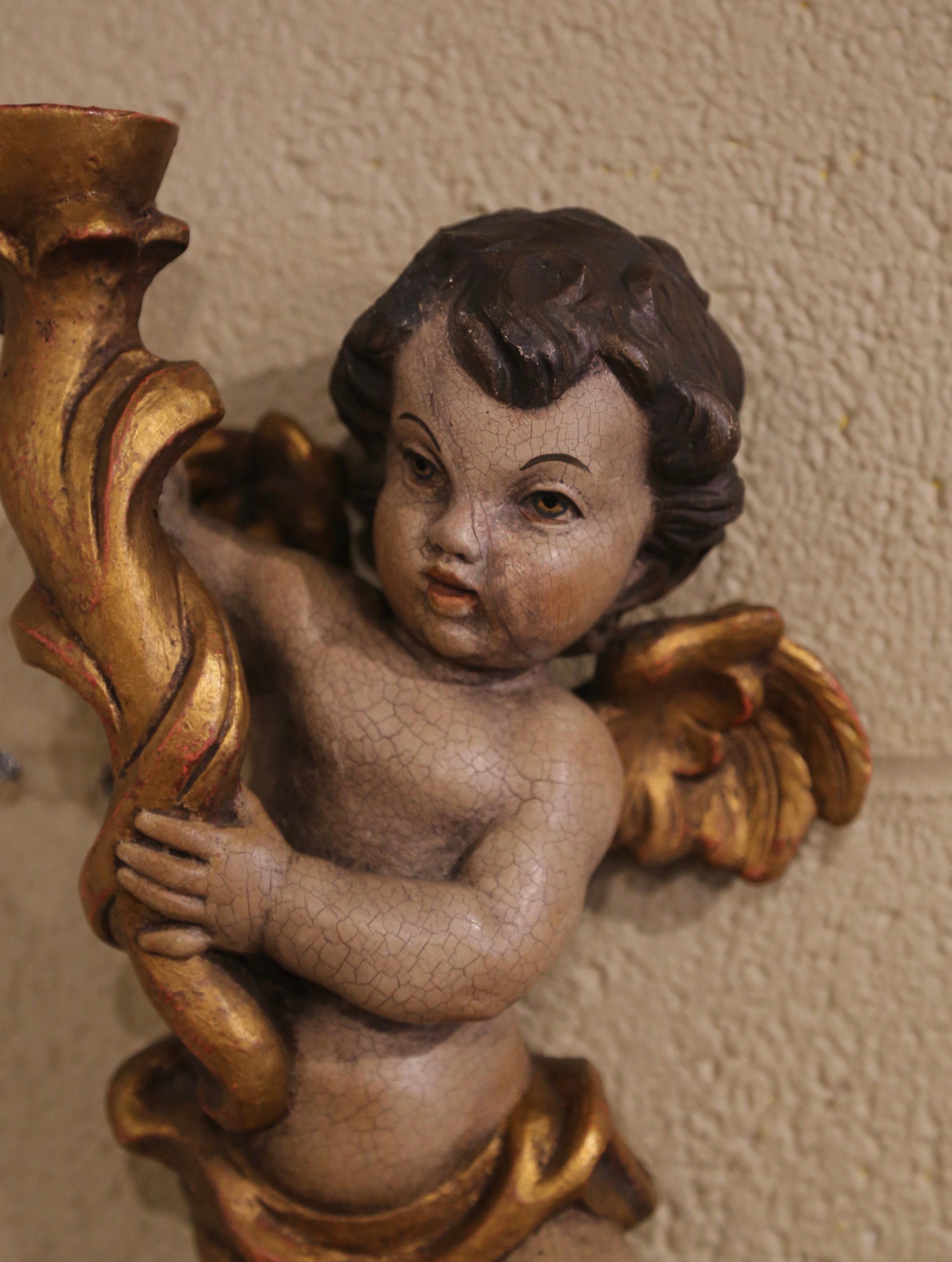 19th Century Italian Carved Polychrome & Gilt Wall Cherub Candle Holder In Excellent Condition In Dallas, TX