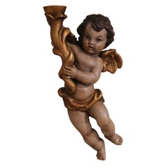 19th Century Italian Carved Polychrome & Gilt Wall Cherub Candle Holder