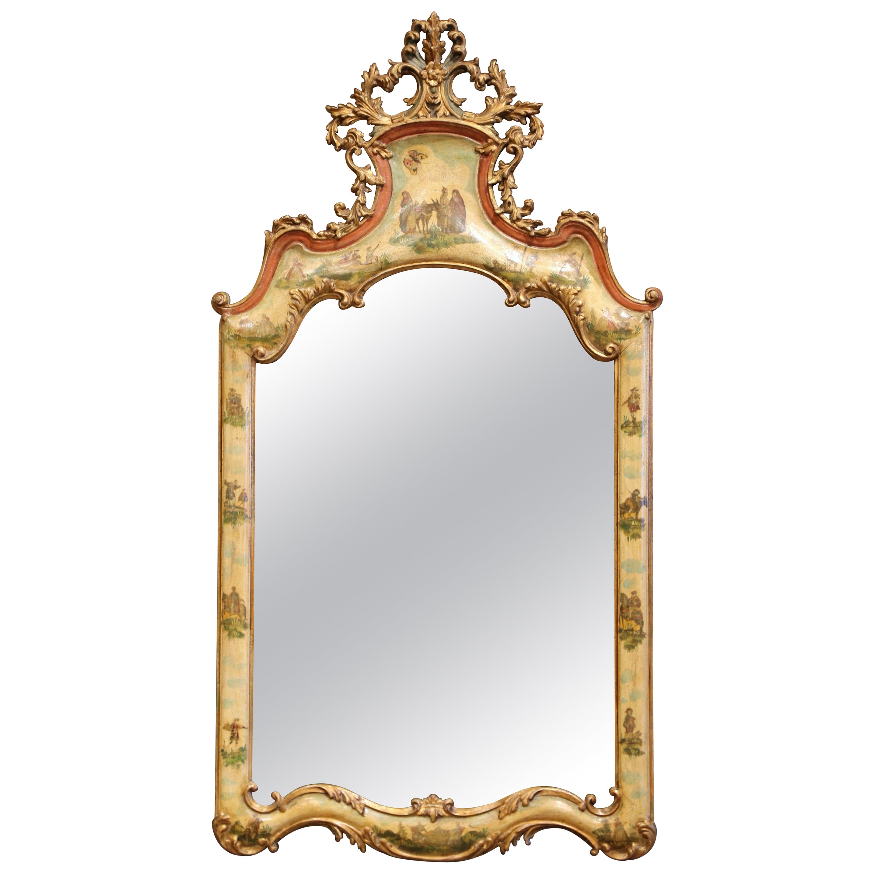 Specchio da parete rococò italiano del XIX secolo intagliato, in legno dorato e dipinto