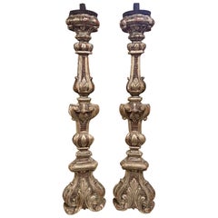 19th Century Italian Carved Silver Leaf Altar Sticks