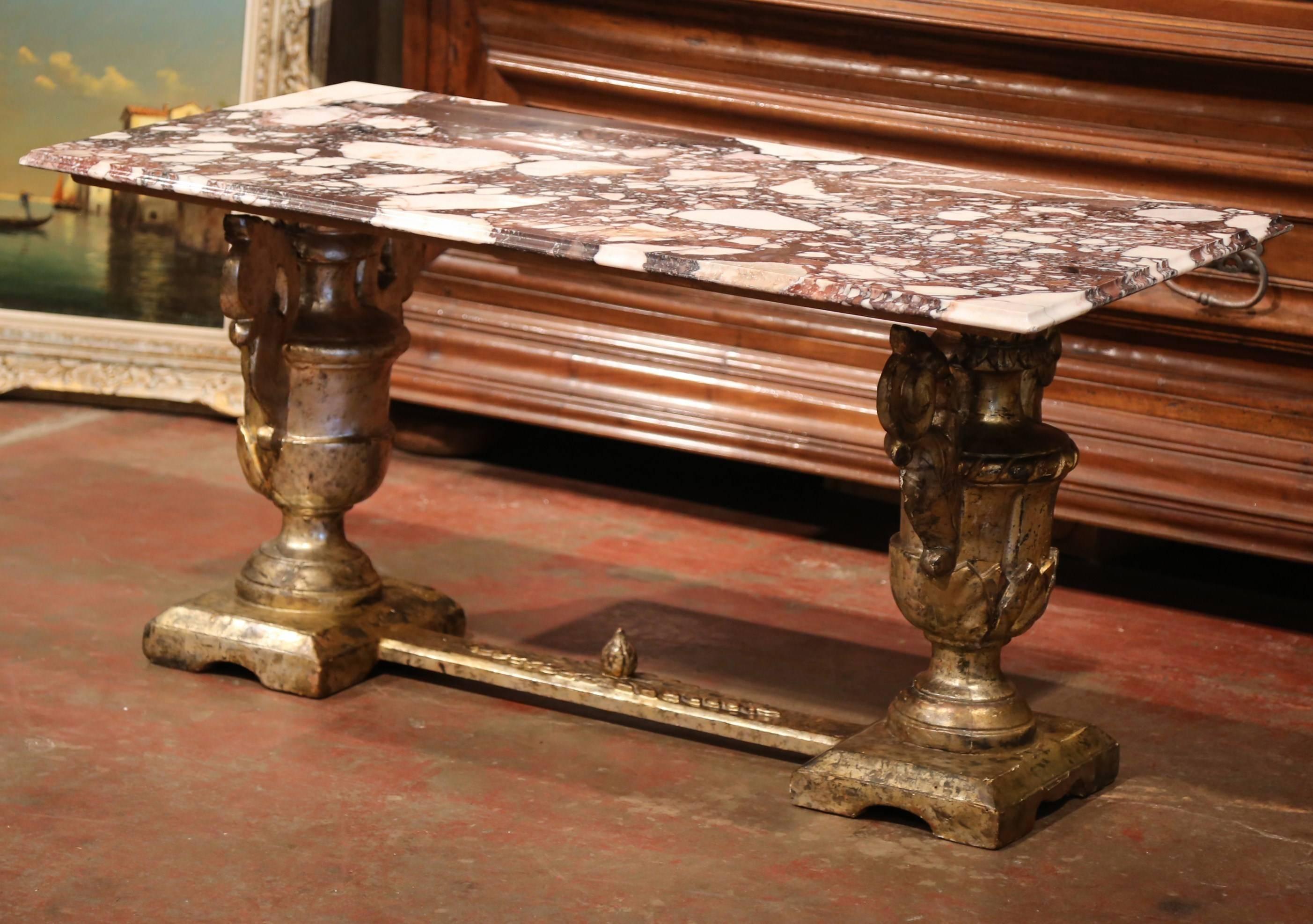 19th Century Italian Marble Top Carved Silver Leaf Trestle Coffee Table In Excellent Condition For Sale In Dallas, TX