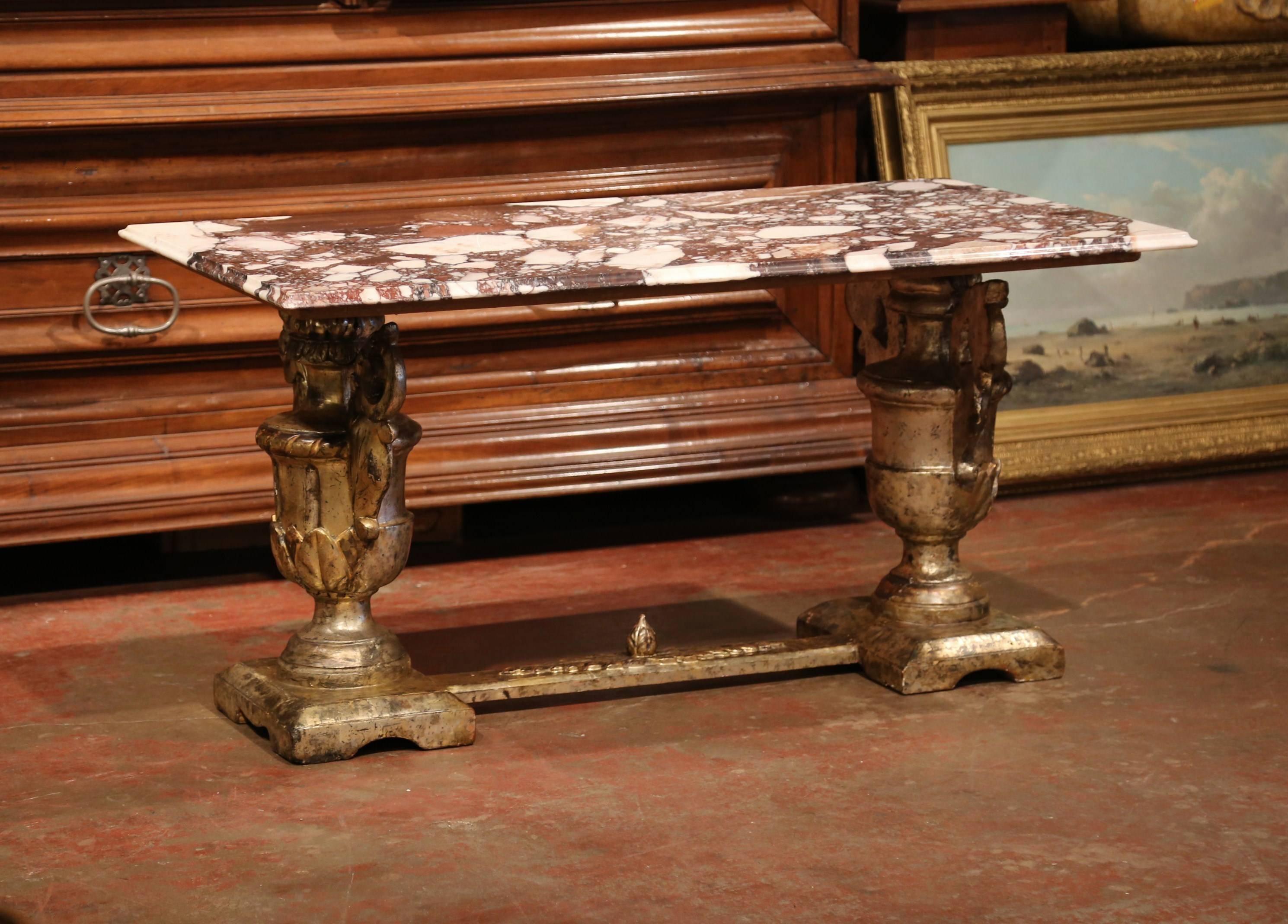 19th Century Italian Marble Top Carved Silver Leaf Trestle Coffee Table For Sale 2