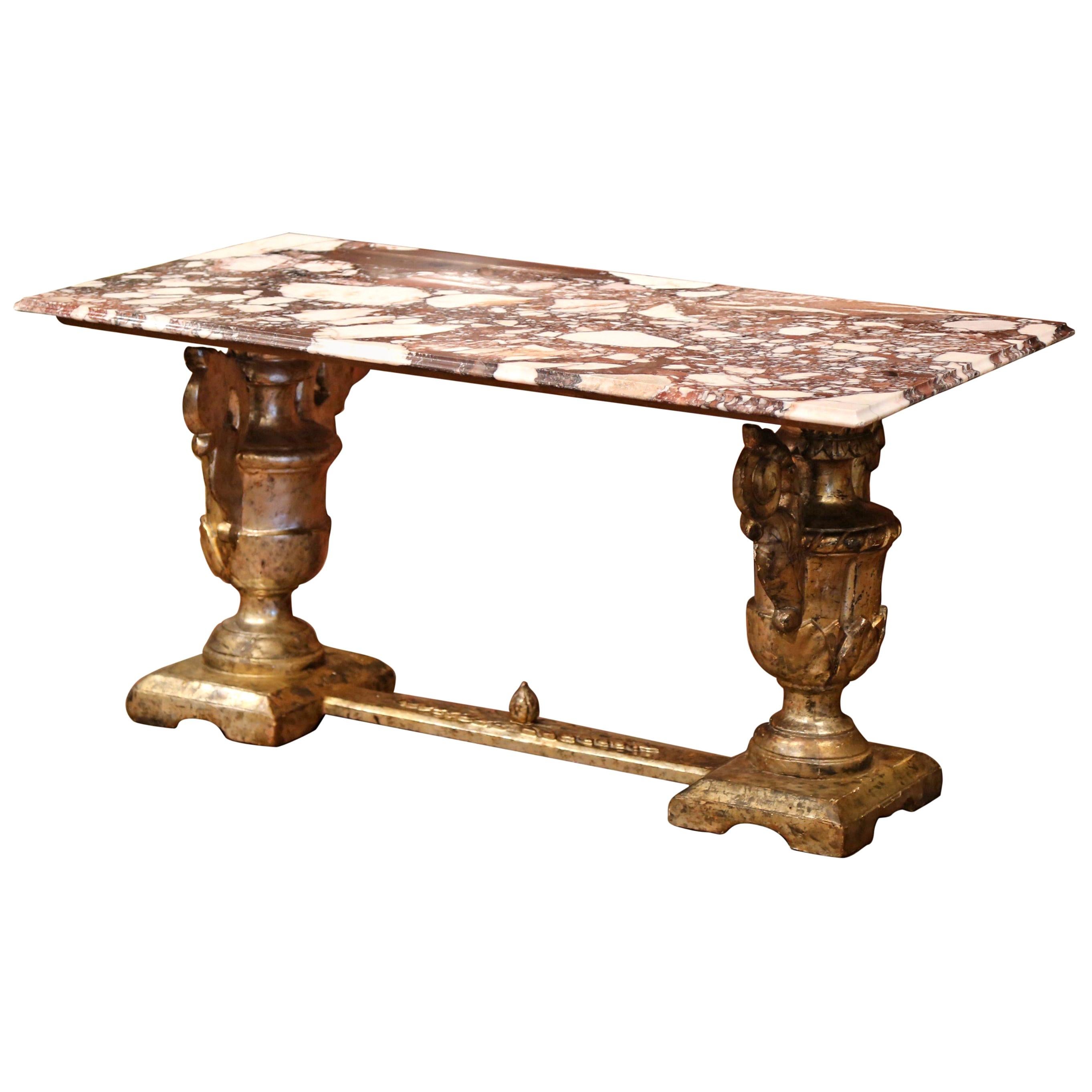 19th Century Italian Marble Top Carved Silver Leaf Trestle Coffee Table For Sale