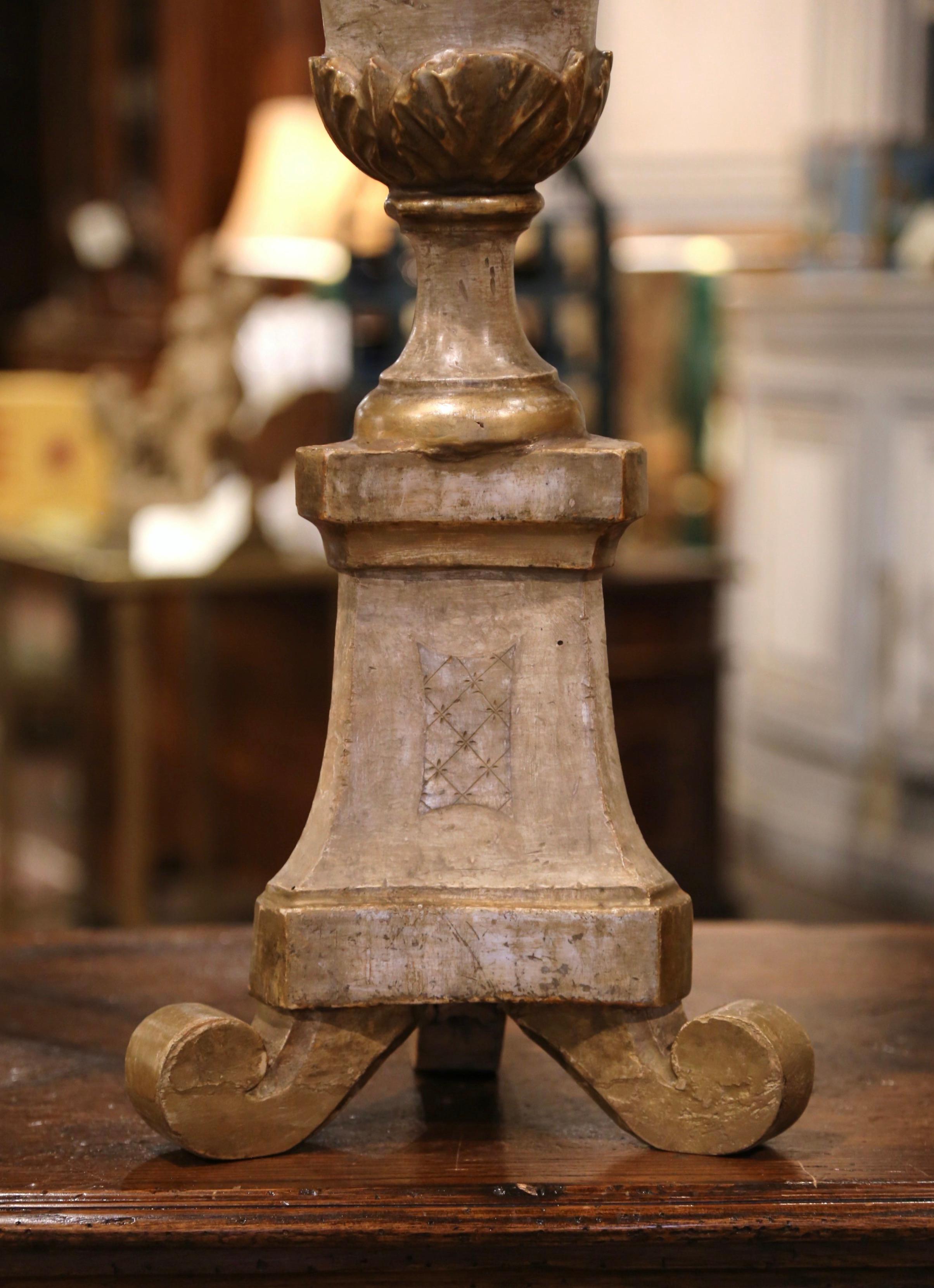 Rococo 19th Century Italian Carved Silvered and Painted Pricket Candlestick