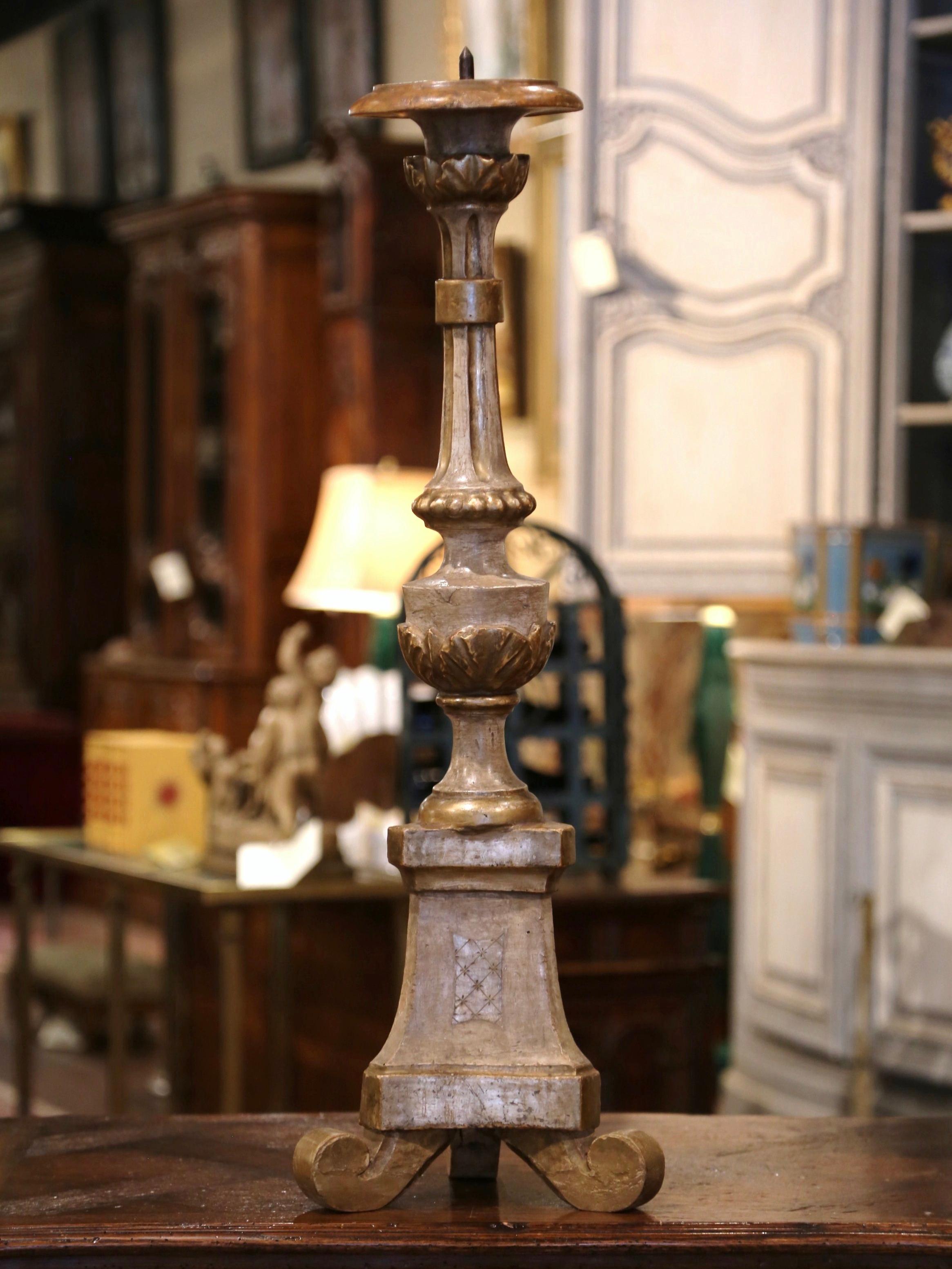 Hand-Carved 19th Century Italian Carved Silvered and Painted Pricket Candlestick