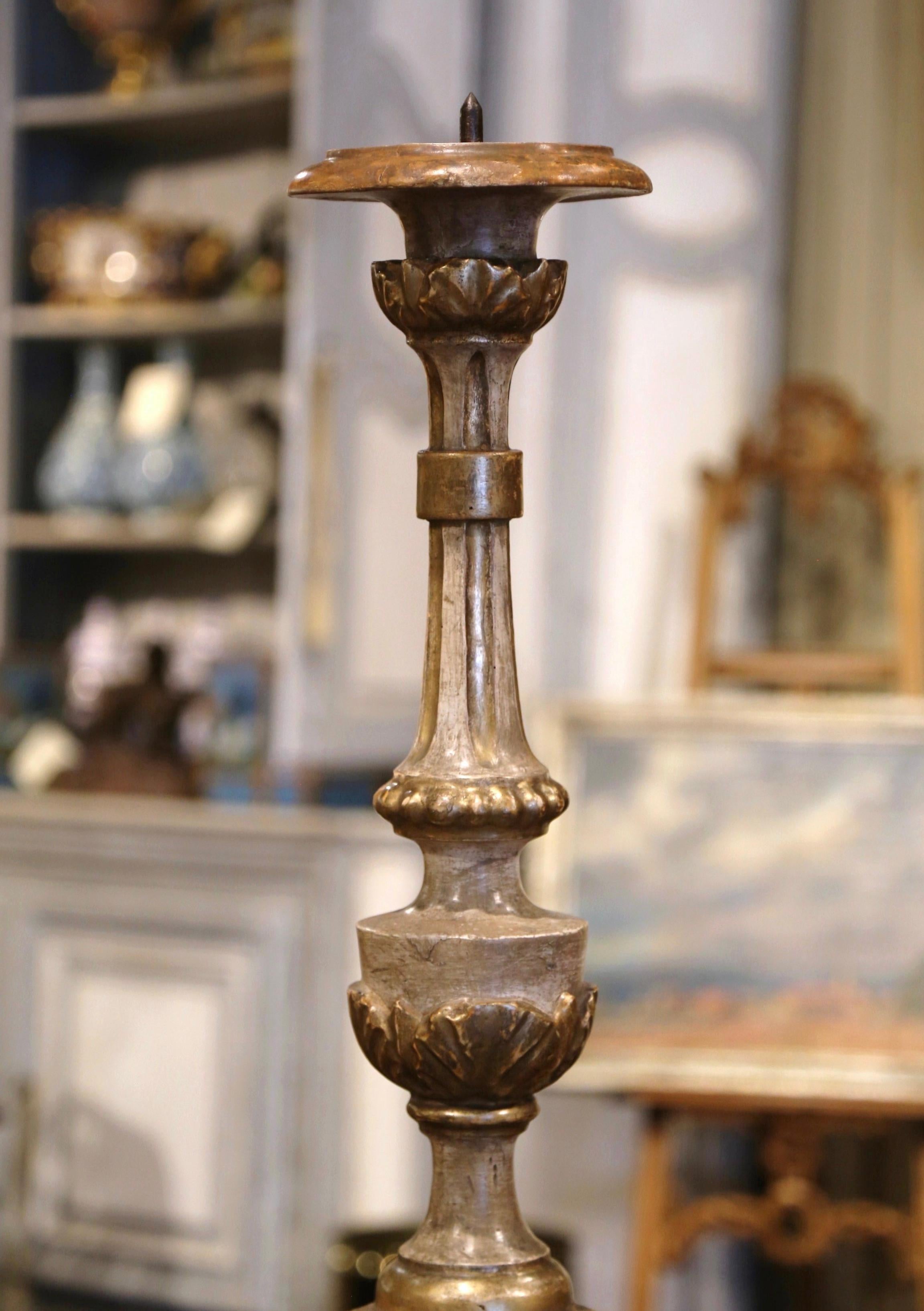 19th Century Italian Carved Silvered and Painted Pricket Candlestick In Good Condition In Dallas, TX