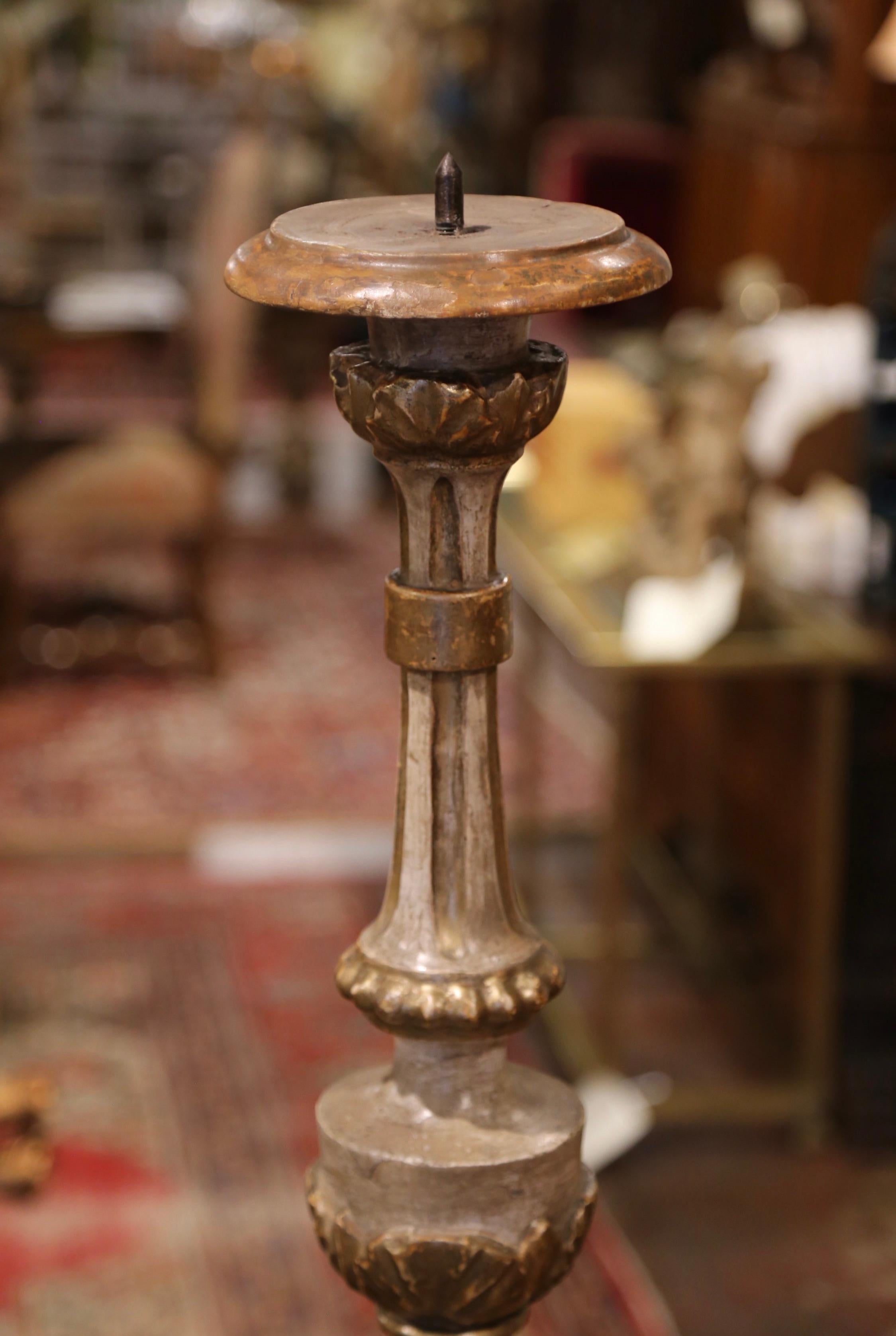 19th Century Italian Carved Silvered and Painted Pricket Candlestick 1