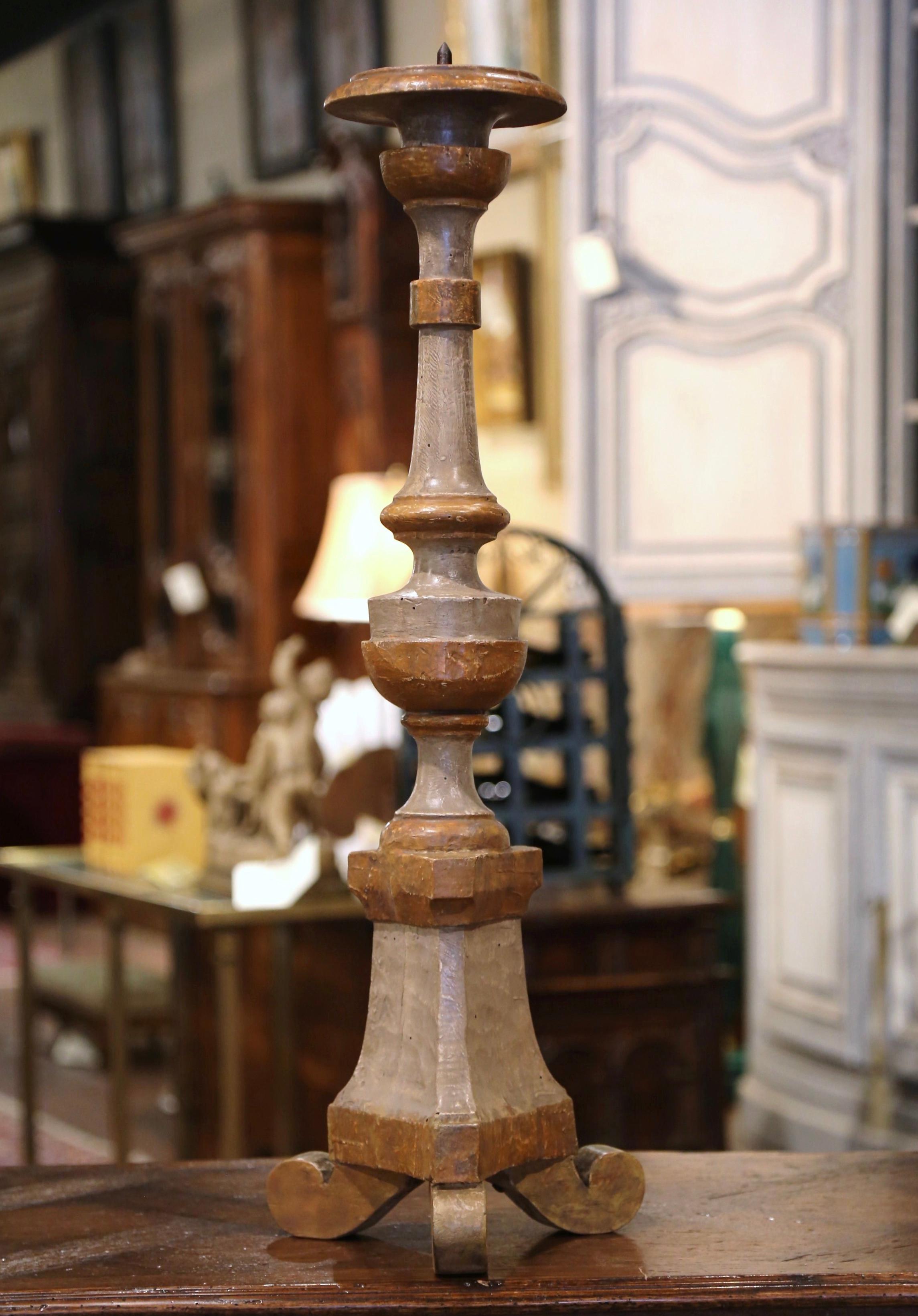 19th Century Italian Carved Silvered and Painted Pricket Candlestick 2