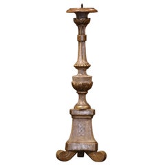19th Century Italian Carved Silvered and Painted Pricket Candlestick