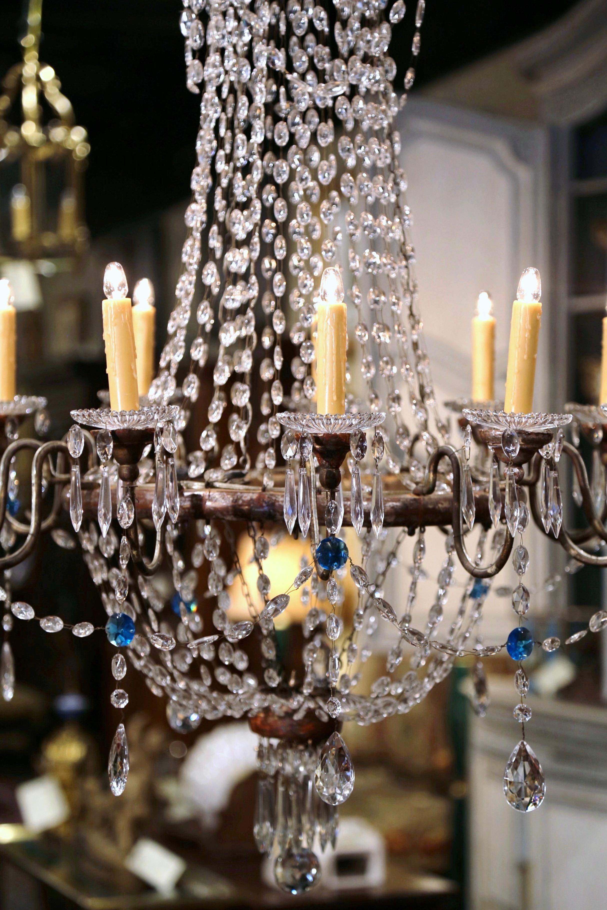 19th Century Italian Carved Silvered, Brass and Crystal Twelve-Light Chandelier In Excellent Condition In Dallas, TX