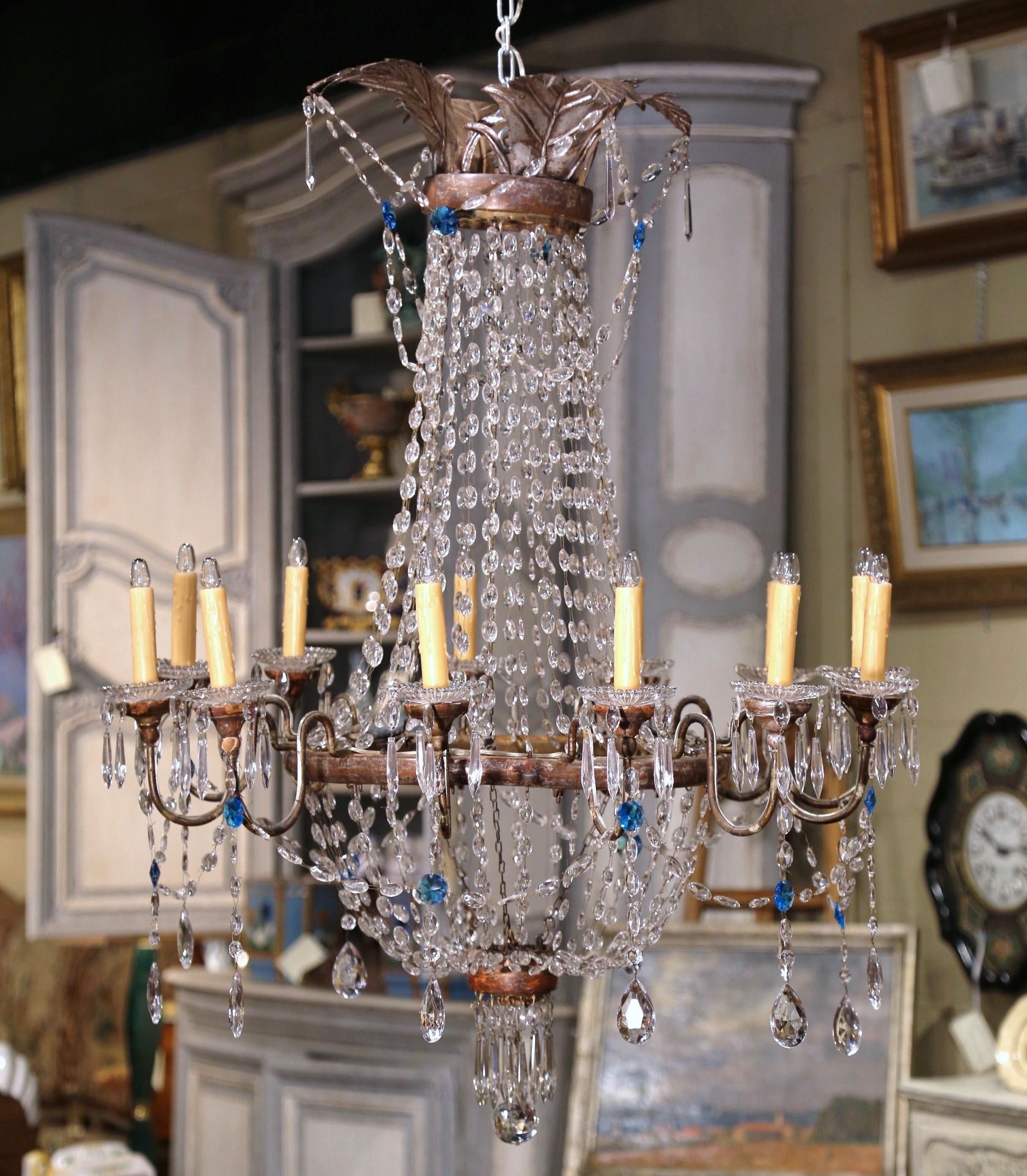 19th Century Italian Carved Silvered, Brass and Crystal Twelve-Light Chandelier 1