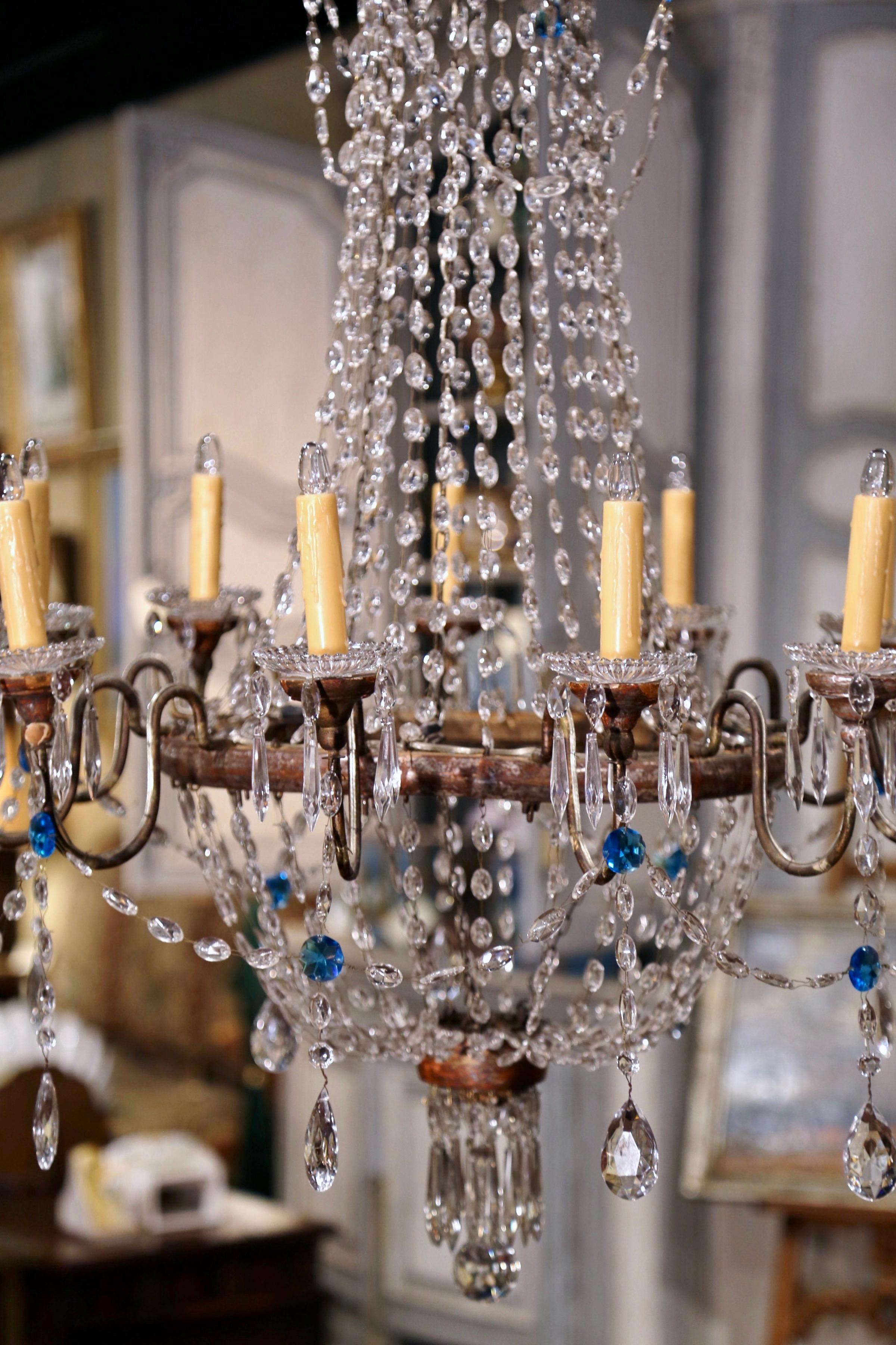 19th Century Italian Carved Silvered, Brass and Crystal Twelve-Light Chandelier 2