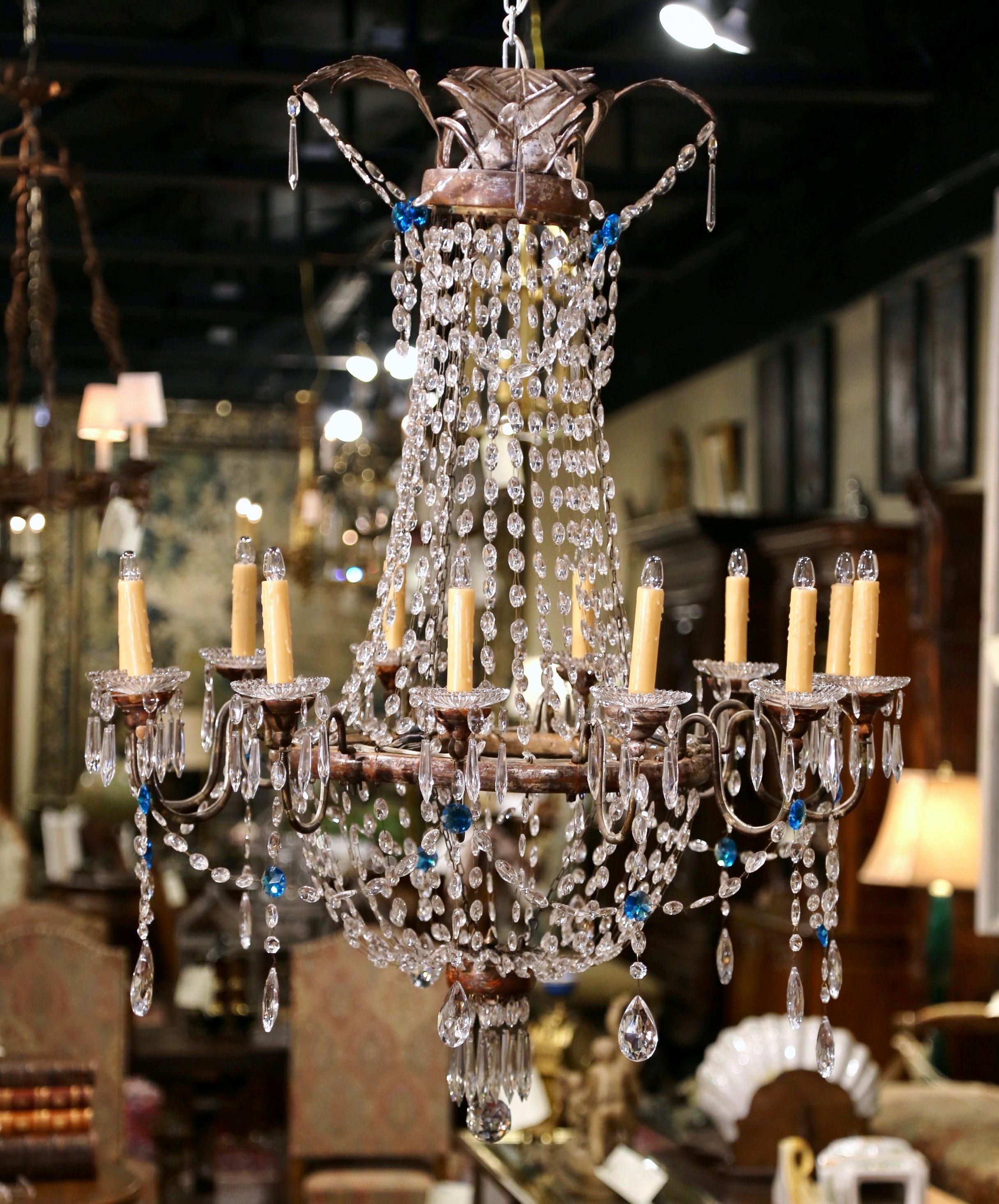 19th Century Italian Carved Silvered, Brass and Crystal Twelve-Light Chandelier 3