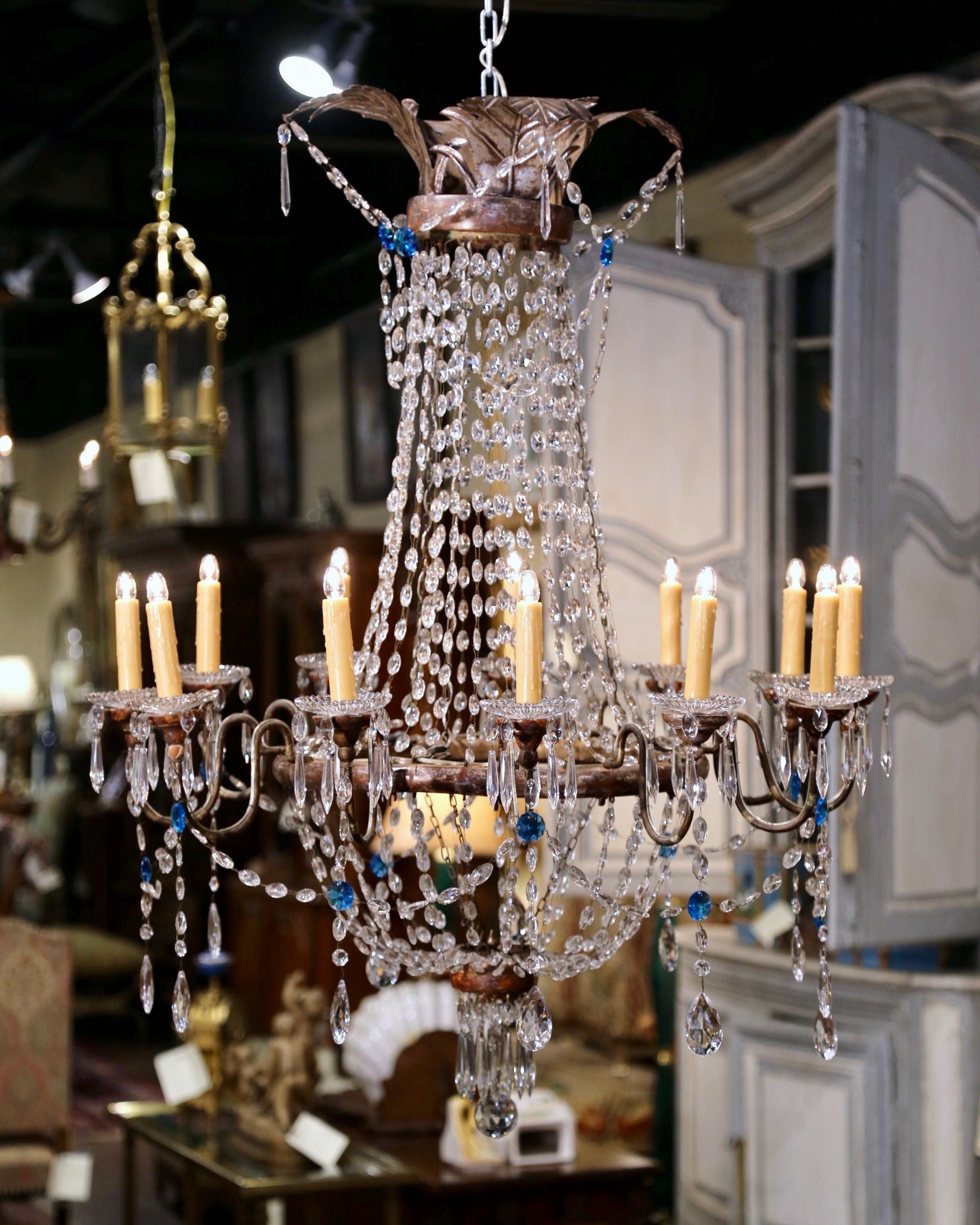19th Century Italian Carved Silvered, Brass and Crystal Twelve-Light Chandelier 5