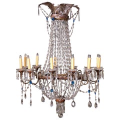 Antique 19th Century Italian Carved Silvered, Brass and Crystal Twelve-Light Chandelier