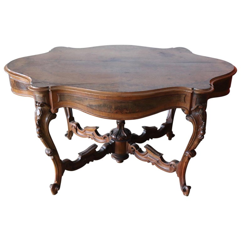 19th Century Italian Carved Walnut and Briar Large Center Table For Sale