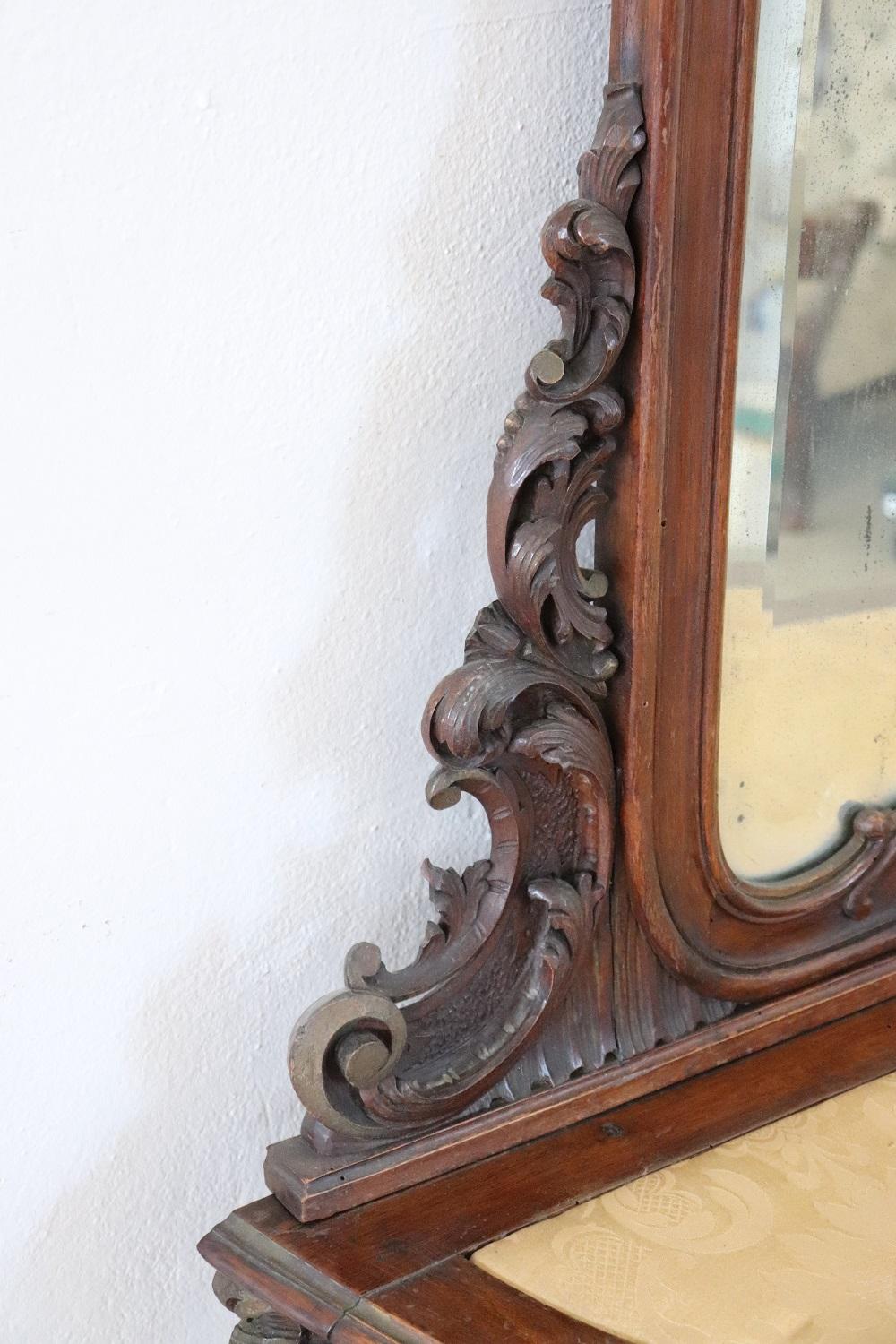19th Century Italian Carved Walnut Antique Console Table with Mirror For Sale 1