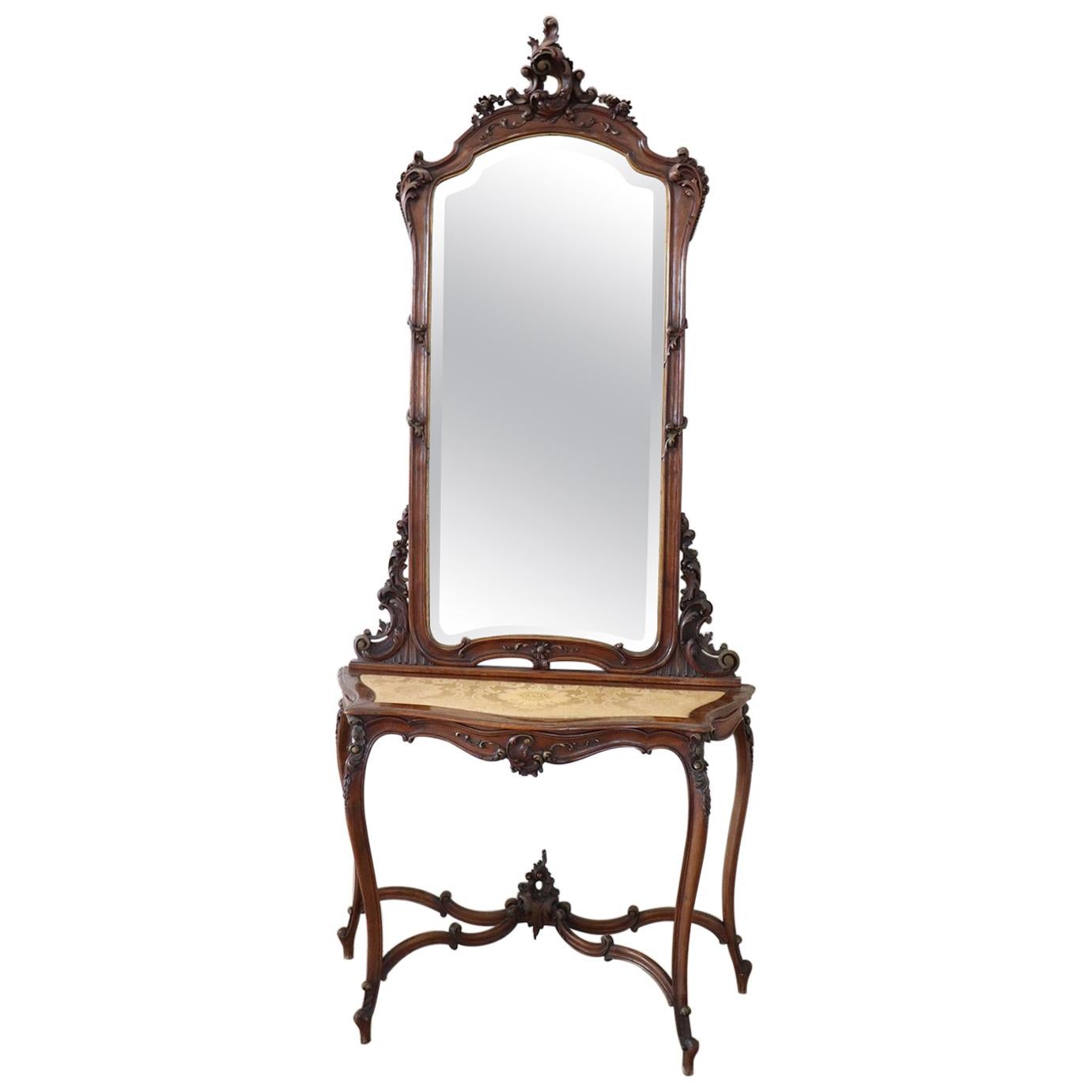 19th Century Italian Carved Walnut Antique Console Table with Mirror